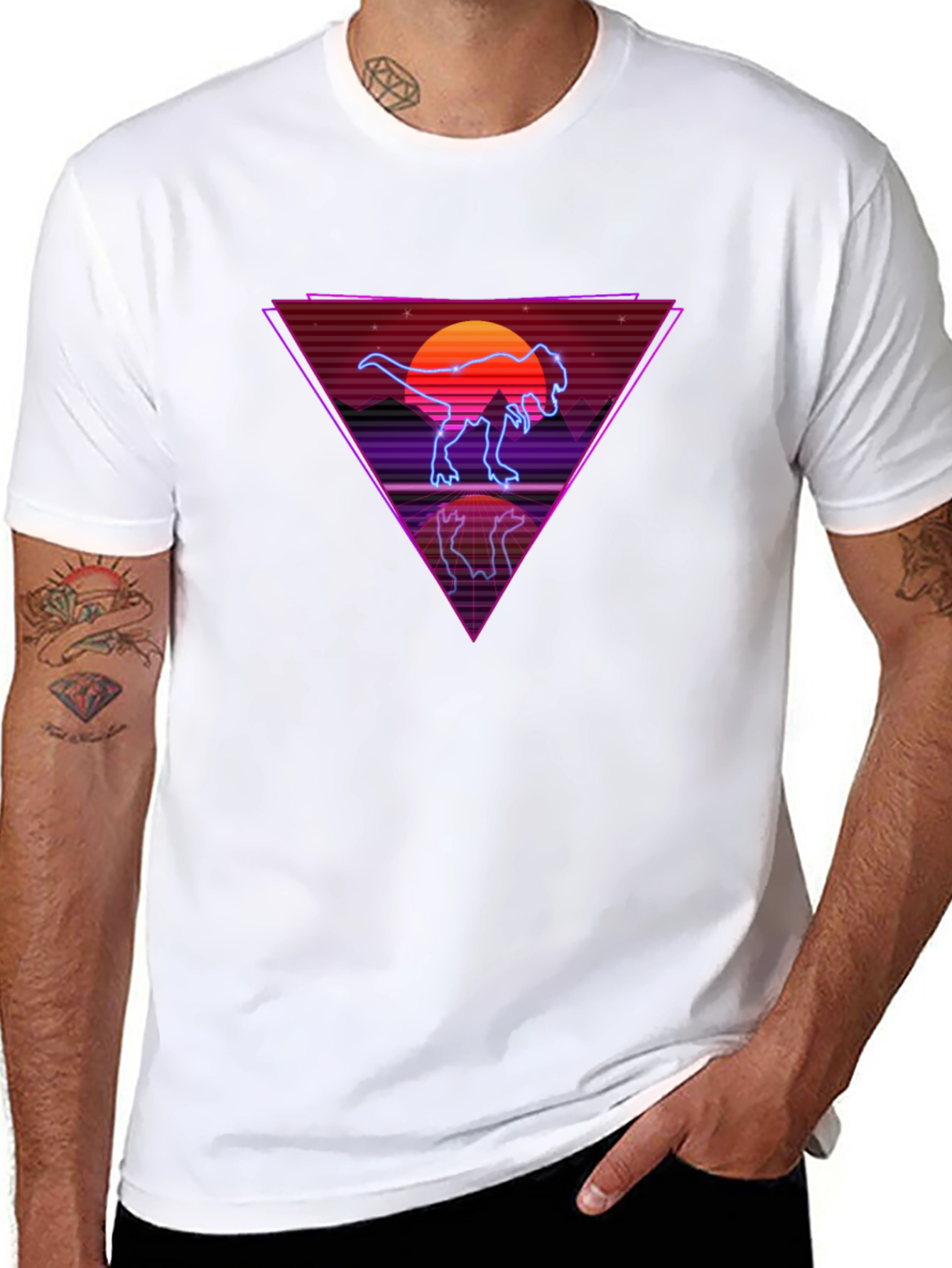 Retro Dinosaur T-Shirt - Synthwave Sunset Tee