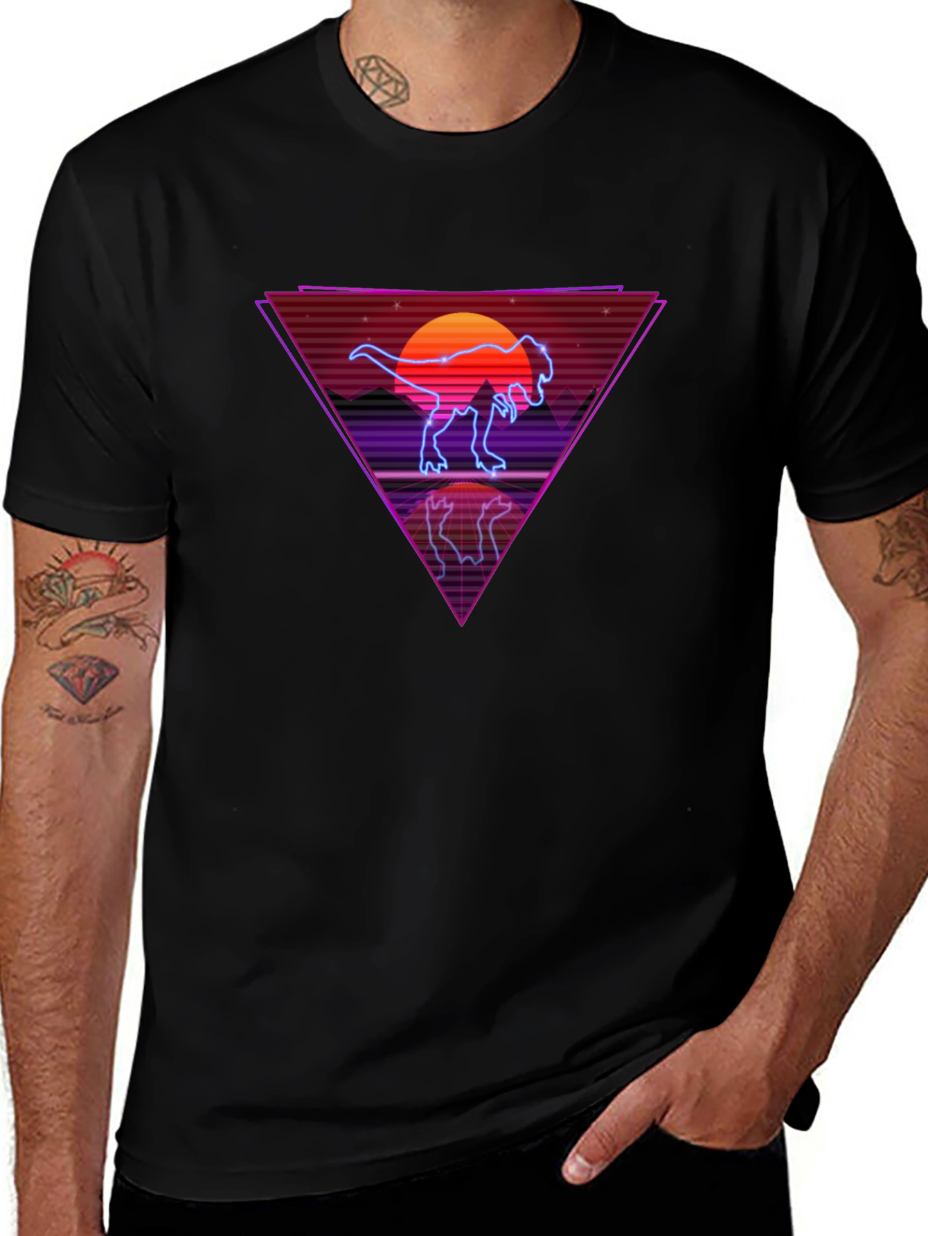 Retro Dinosaur T-Shirt - Synthwave Sunset Tee