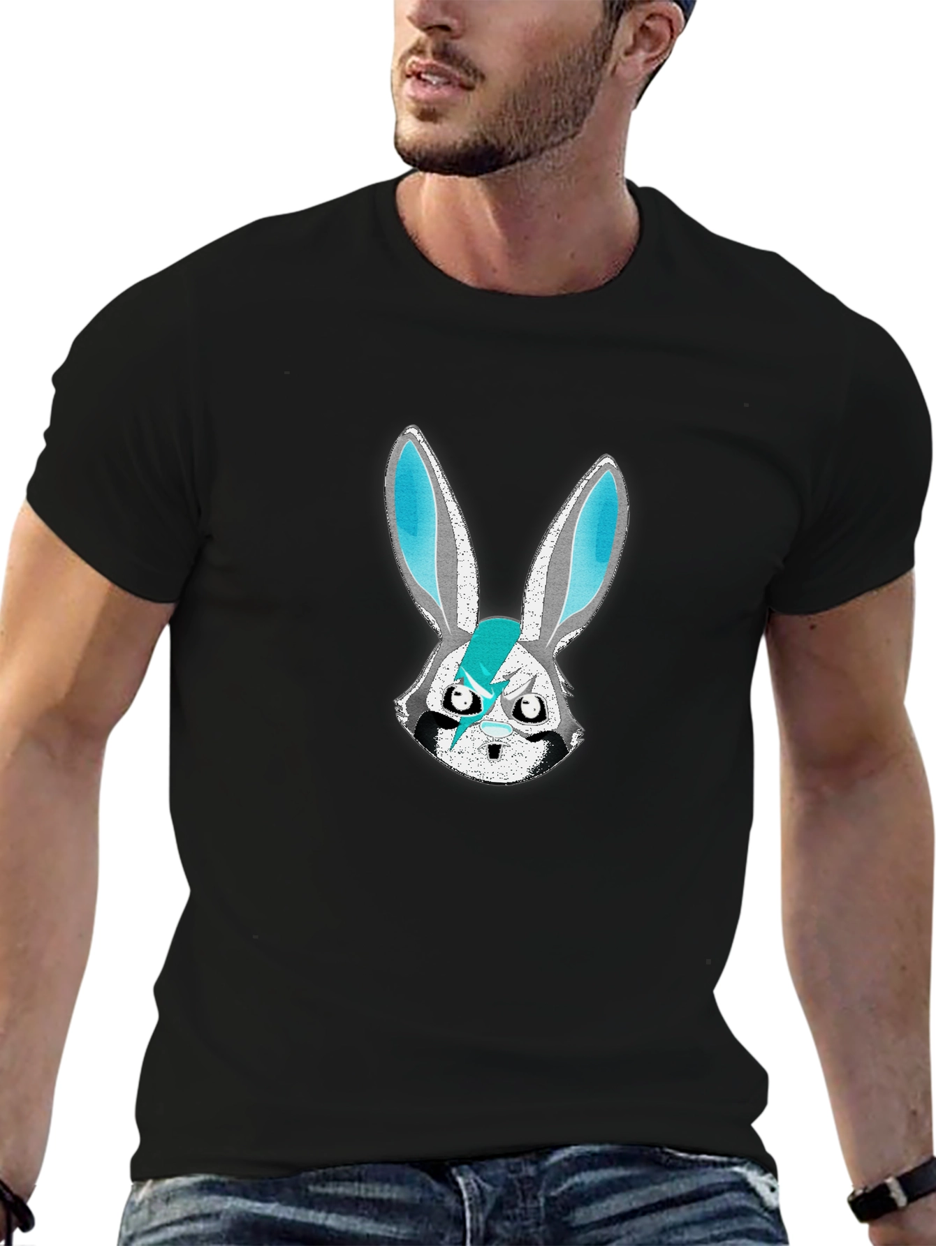 Edgy Bunny Graphic Tee - Black Cotton Blend