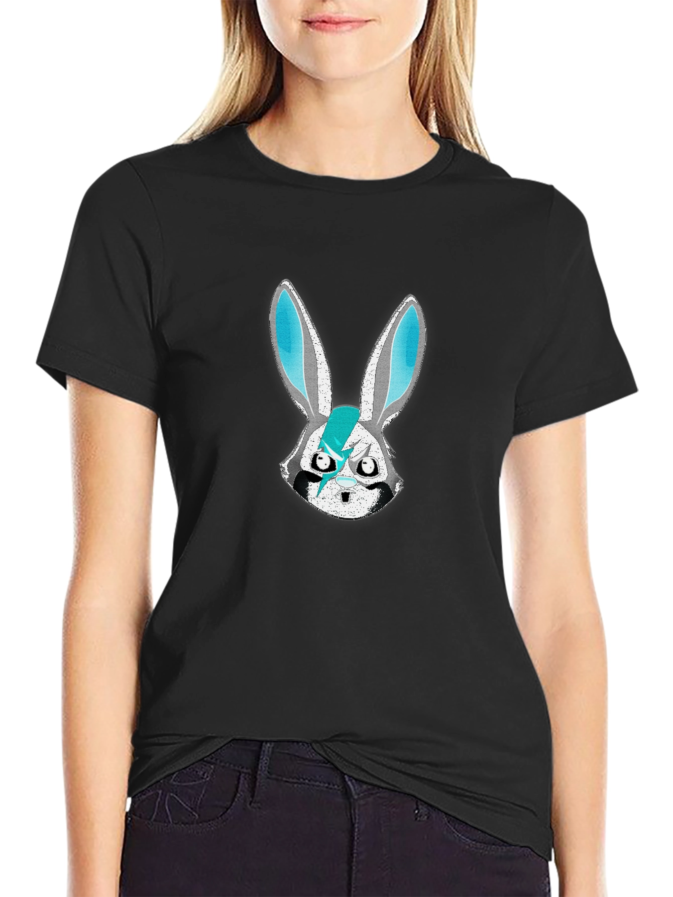 Edgy Bunny Graphic Tee - Black Cotton Blend