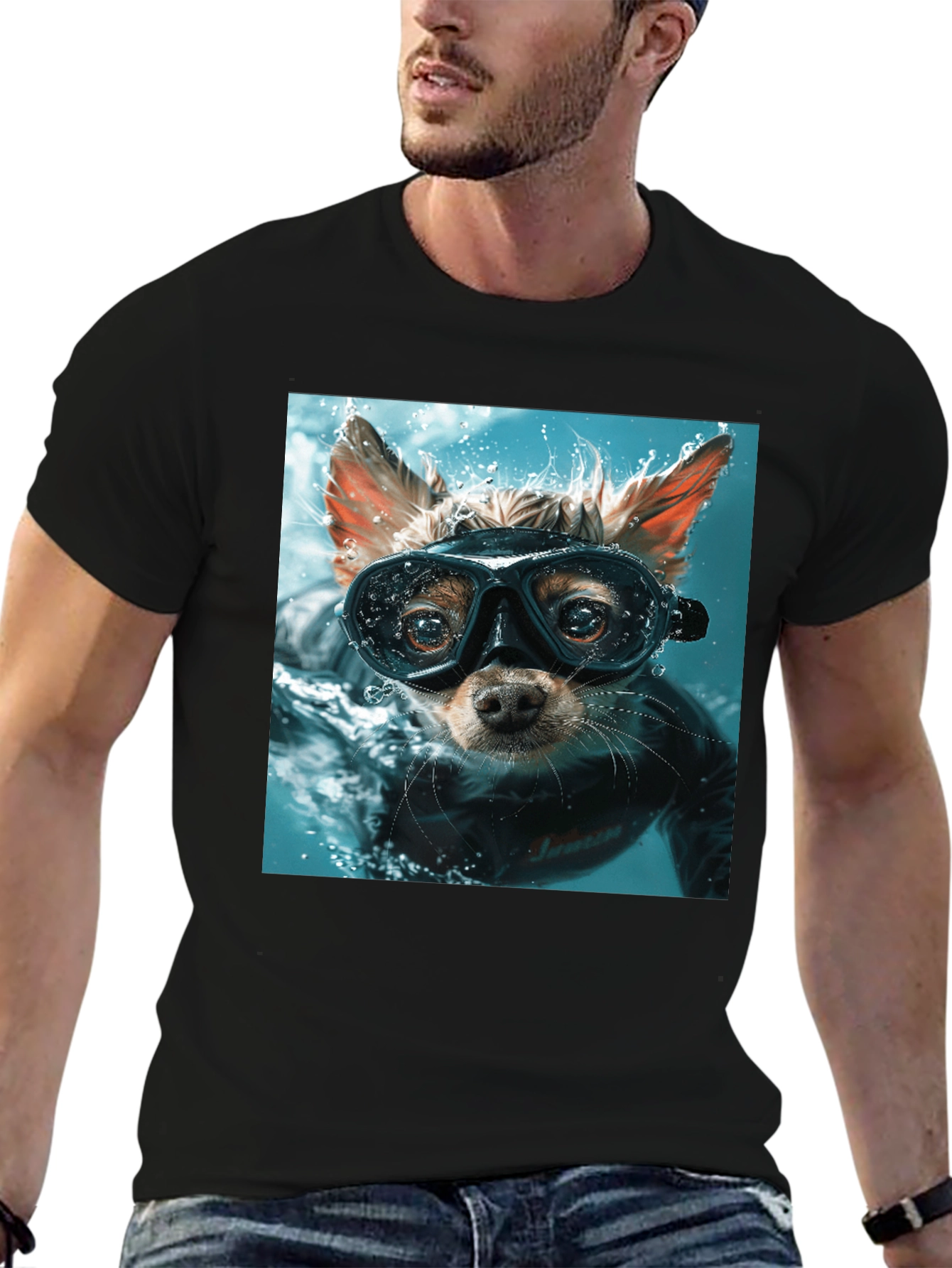 Funny Dog Diver Graphic Tee - Black Cotton T-Shirt