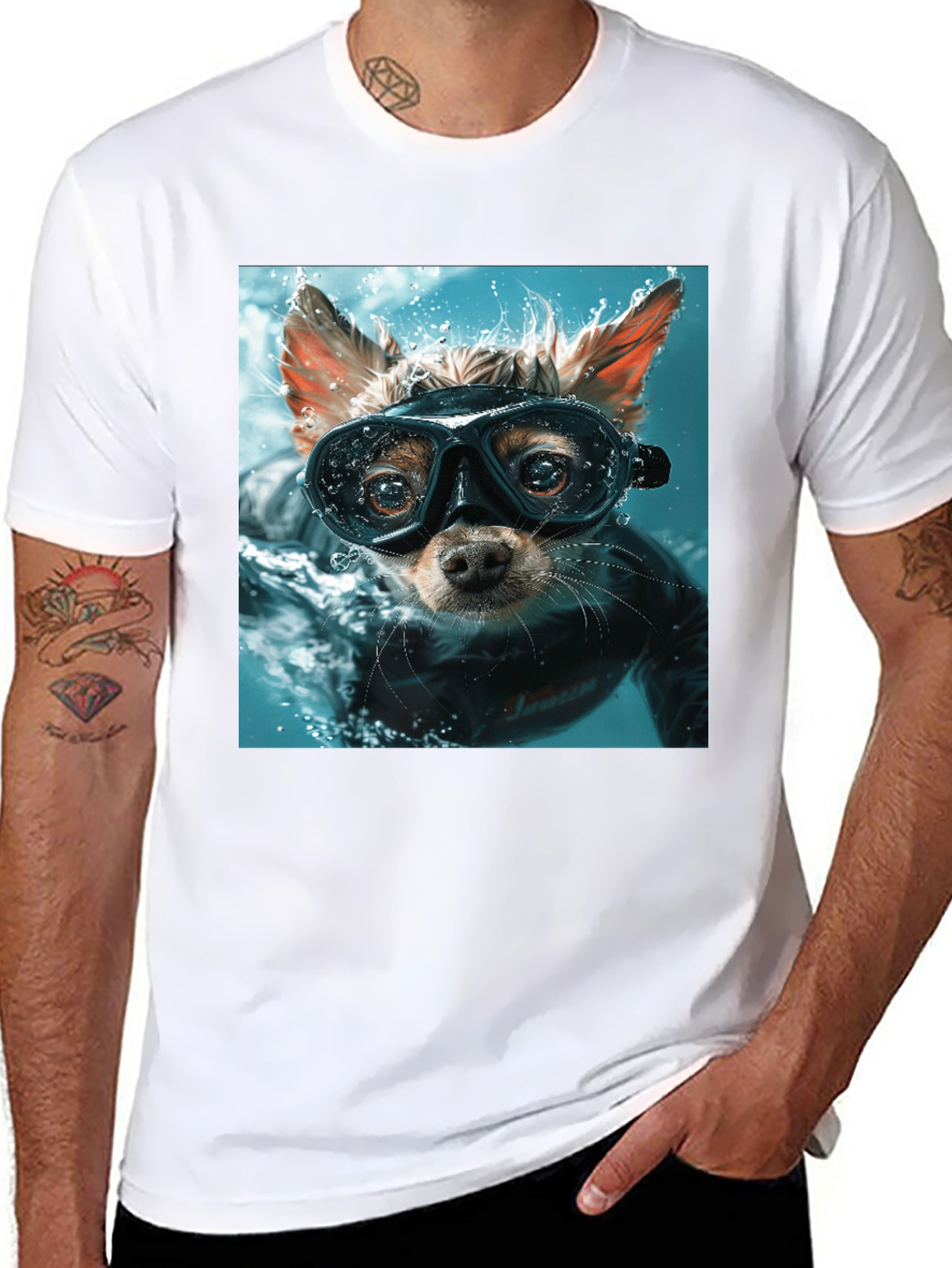 Funny Dog Diver Graphic Tee - Black Cotton T-Shirt