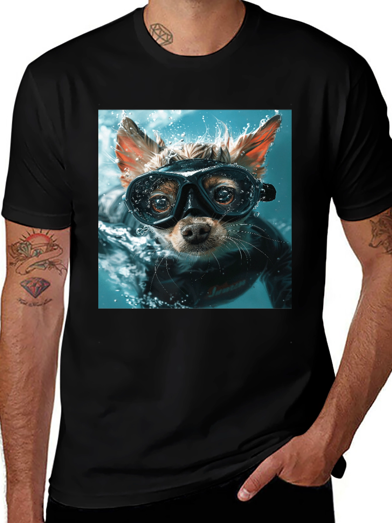 Funny Dog Diver Graphic Tee - Black Cotton T-Shirt