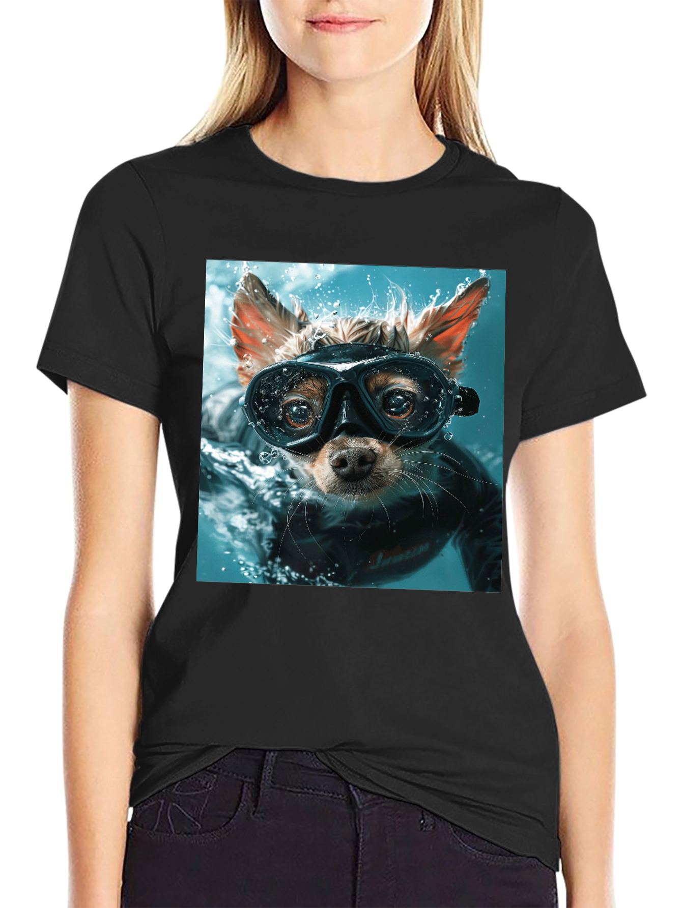 Funny Dog Diver Graphic Tee - Black Cotton T-Shirt