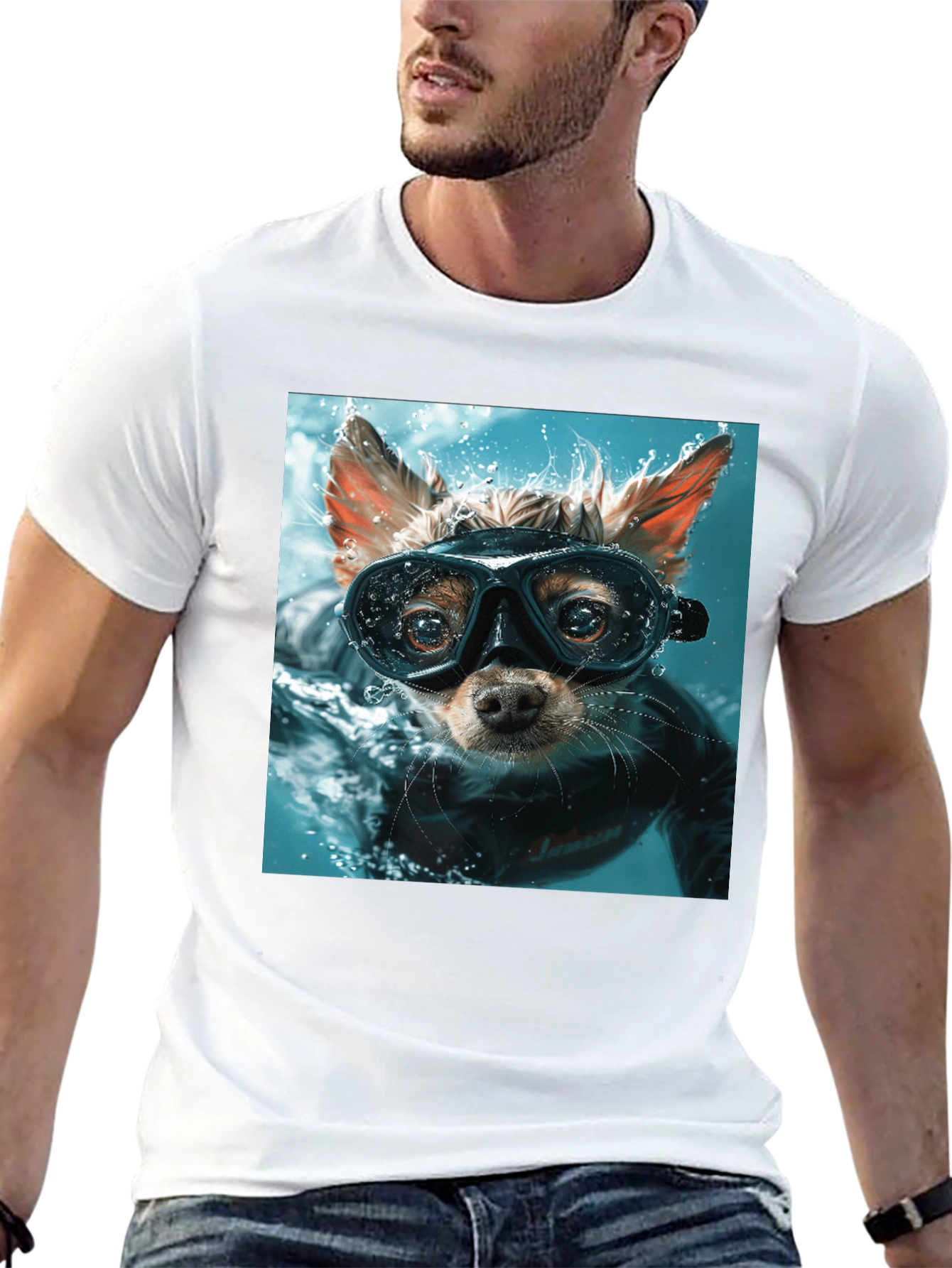 Funny Dog Diver Graphic Tee - Black Cotton T-Shirt