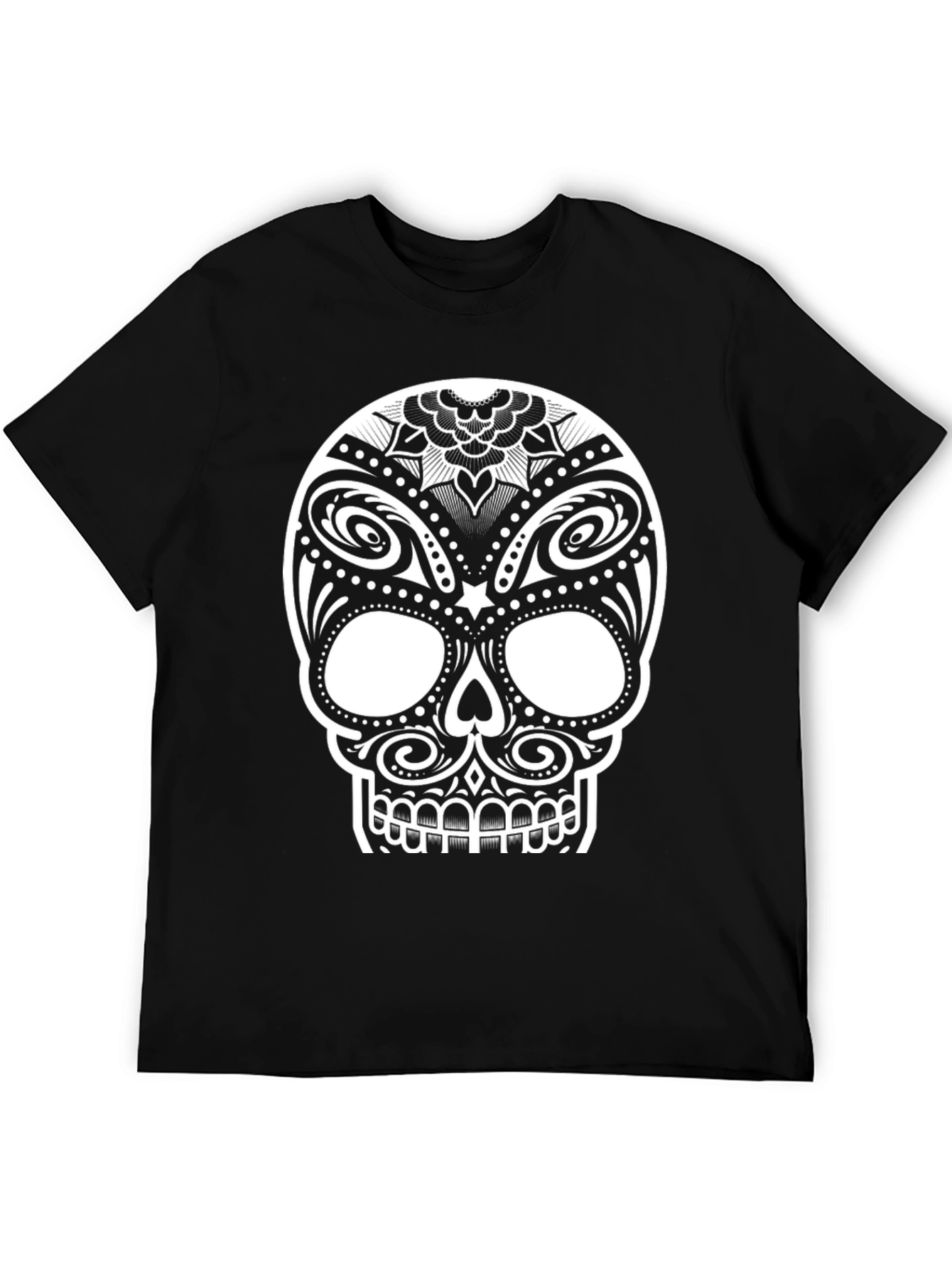 Black T-Shirt with Ornate Sugar Skull Design