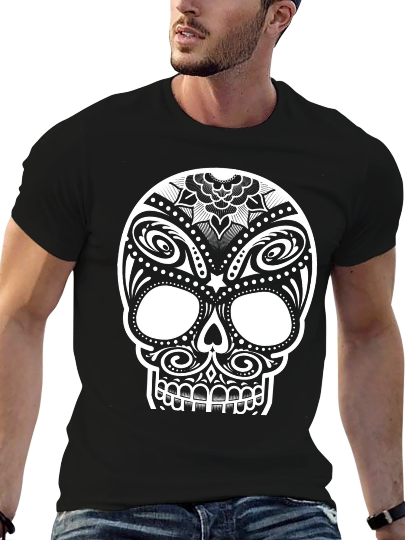 Black T-Shirt with Ornate Sugar Skull Design