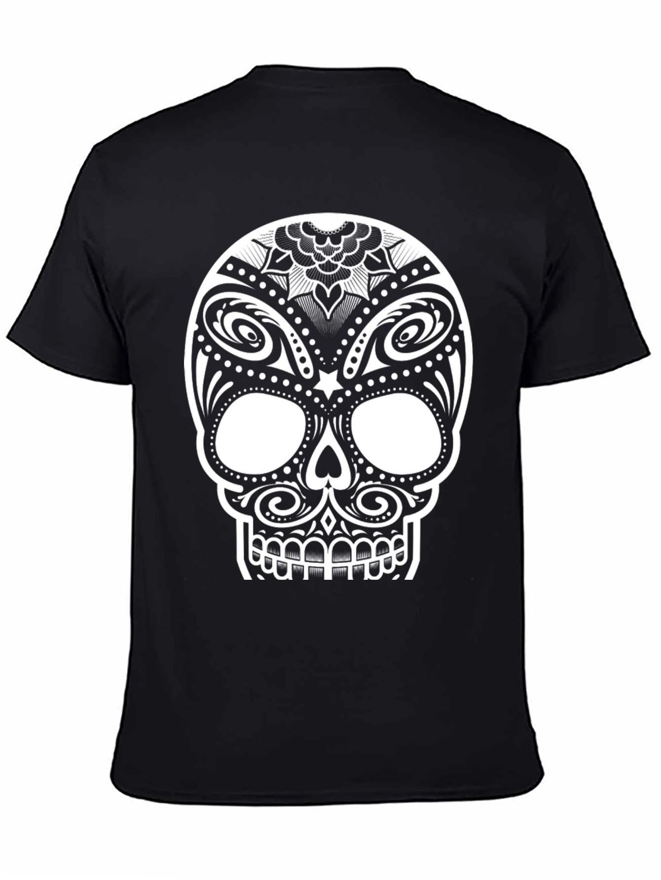 Black T-Shirt with Ornate Sugar Skull Design