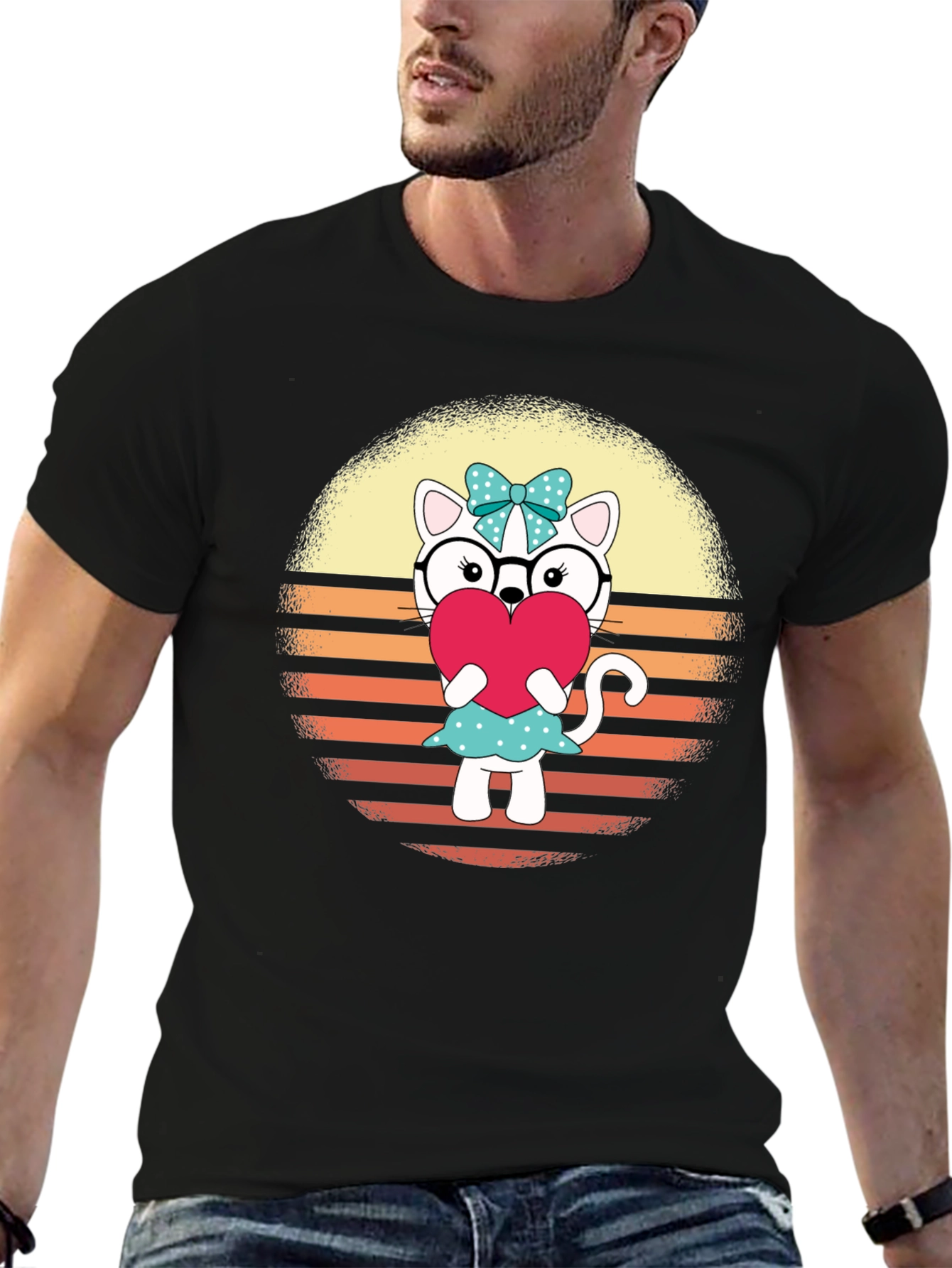 Cute Cat Heart T-Shirt - Fun Retro Design