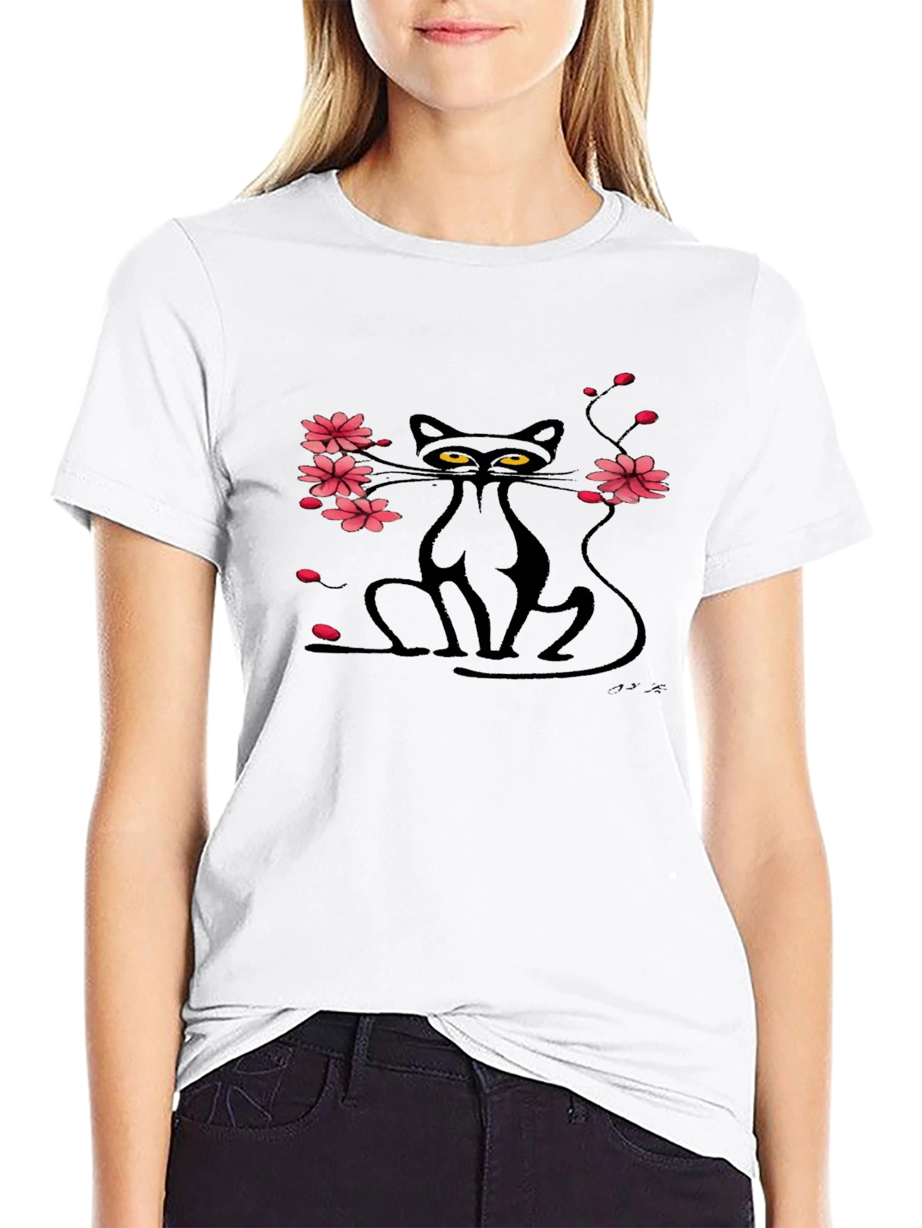 Black Cat & Cherry Blossom Graphic Tee