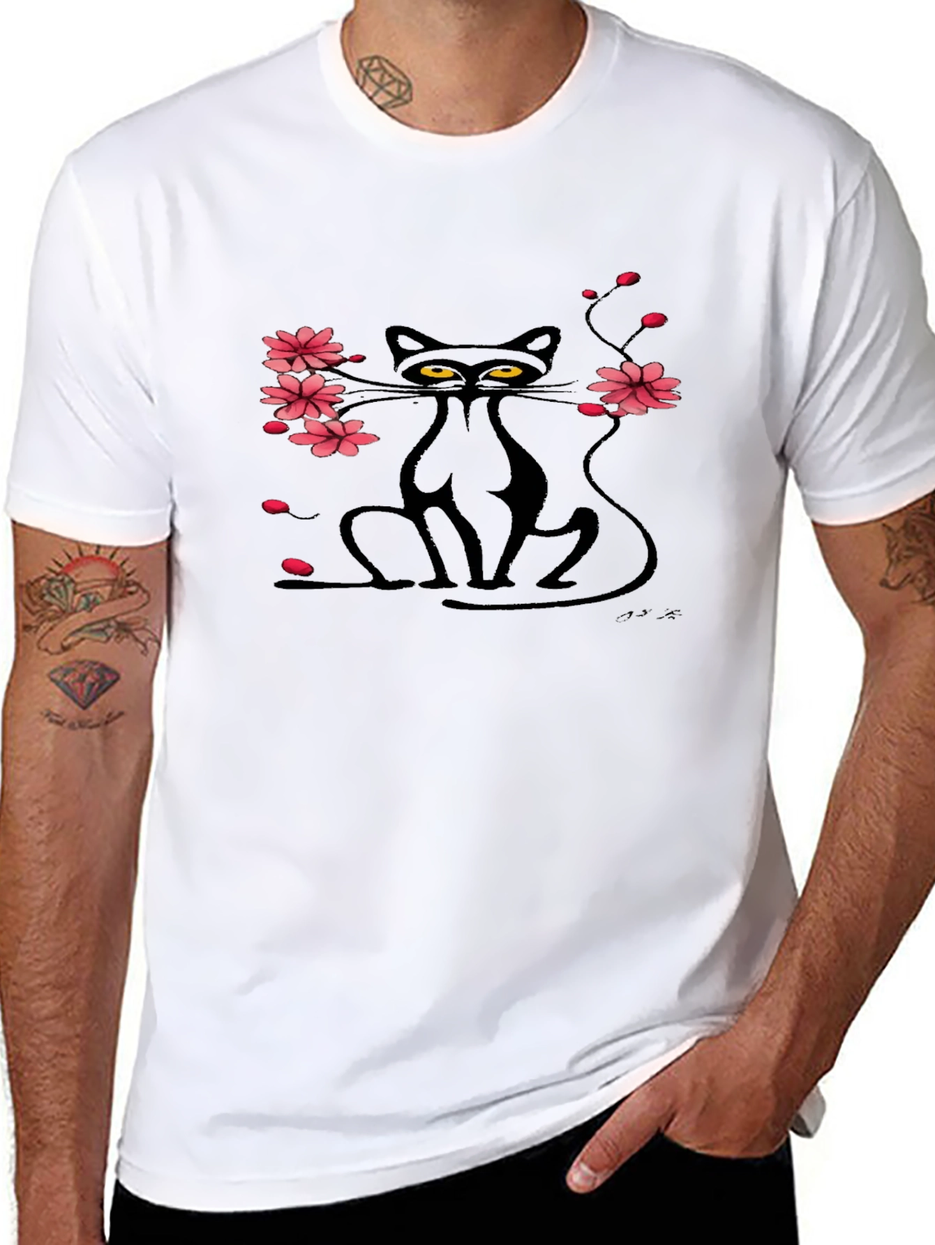 Black Cat & Cherry Blossom Graphic Tee