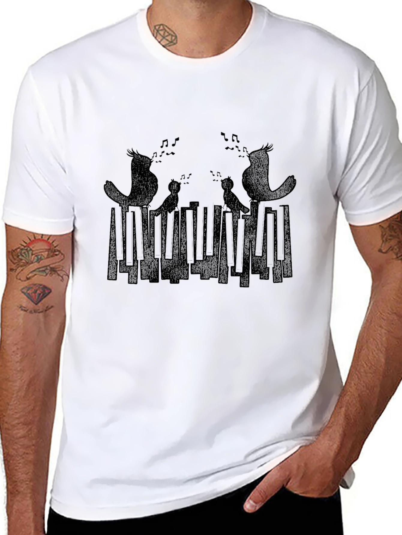 Musical Birds Graphic Print Black T-Shirt