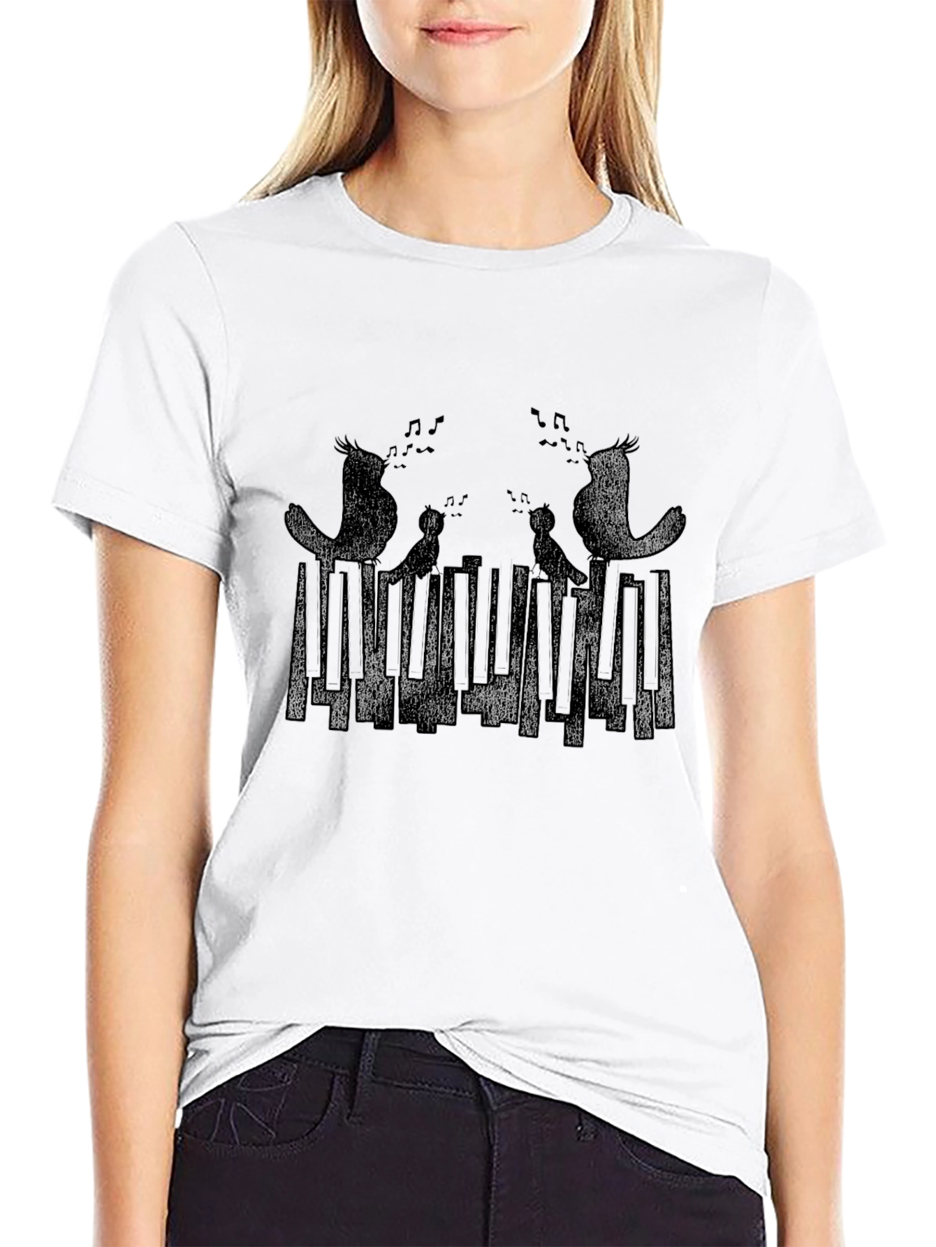 Musical Birds Graphic Print Black T-Shirt