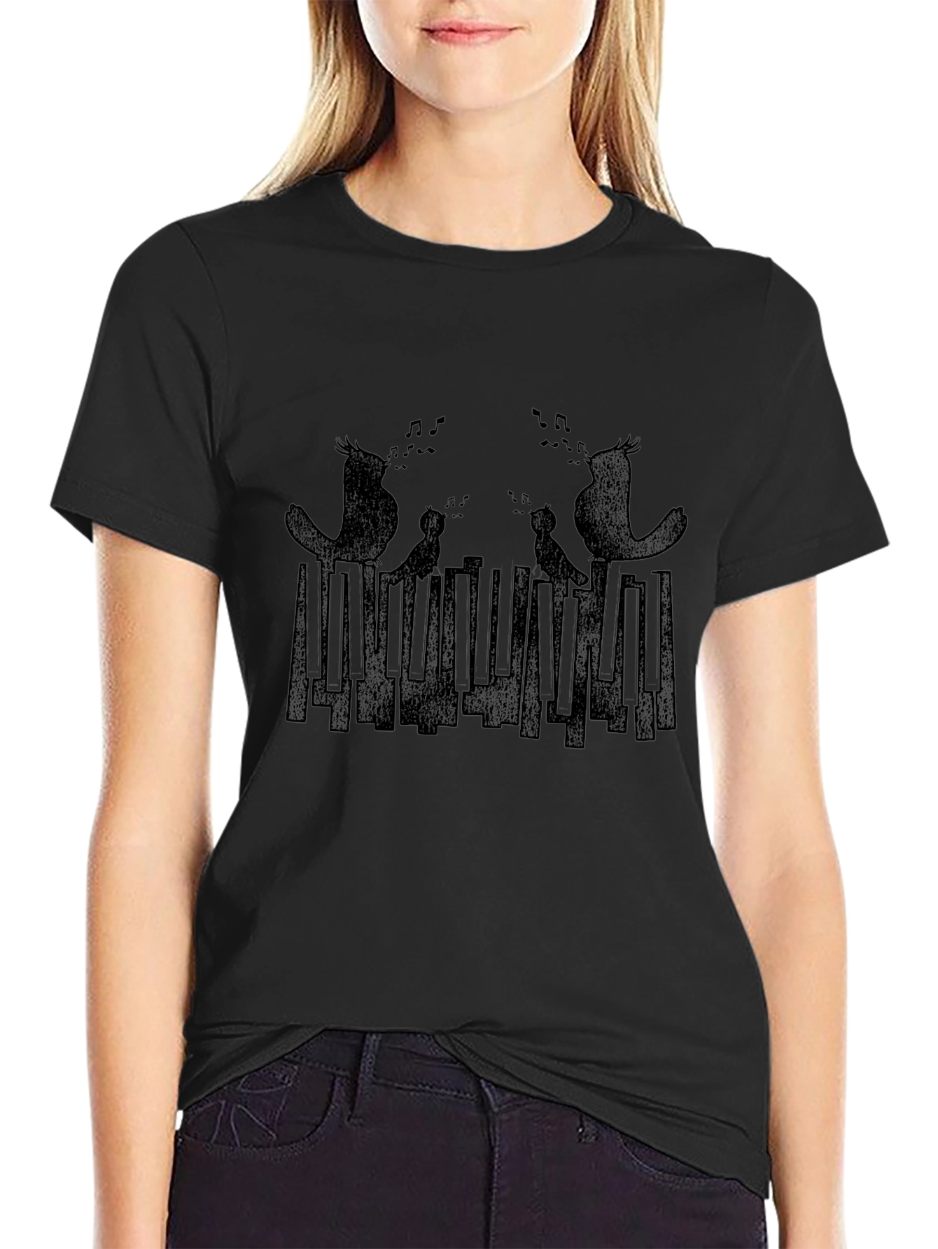 Musical Birds Graphic Print Black T-Shirt