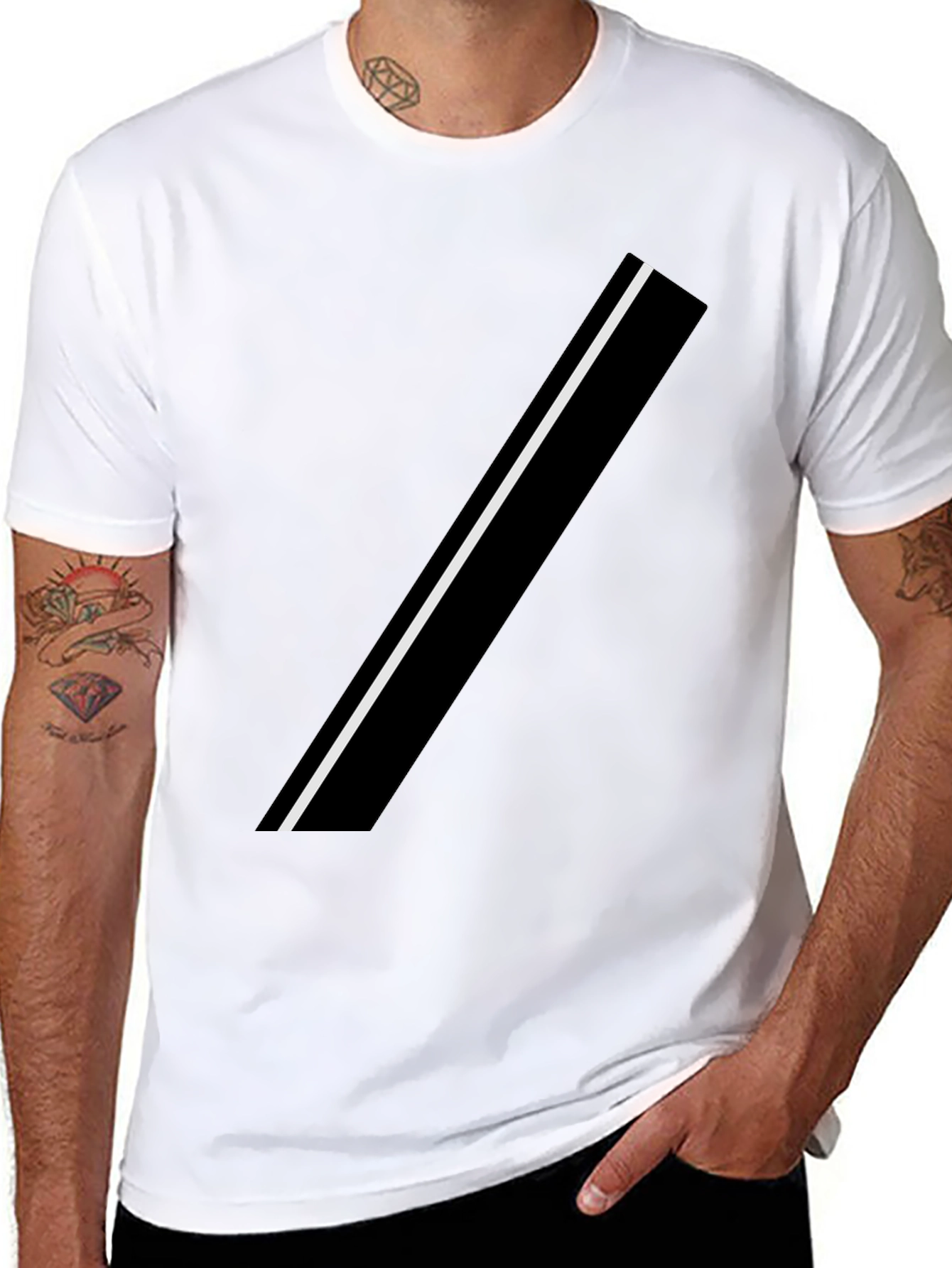 Modern Black Tee with Asymmetrical White Stripe
