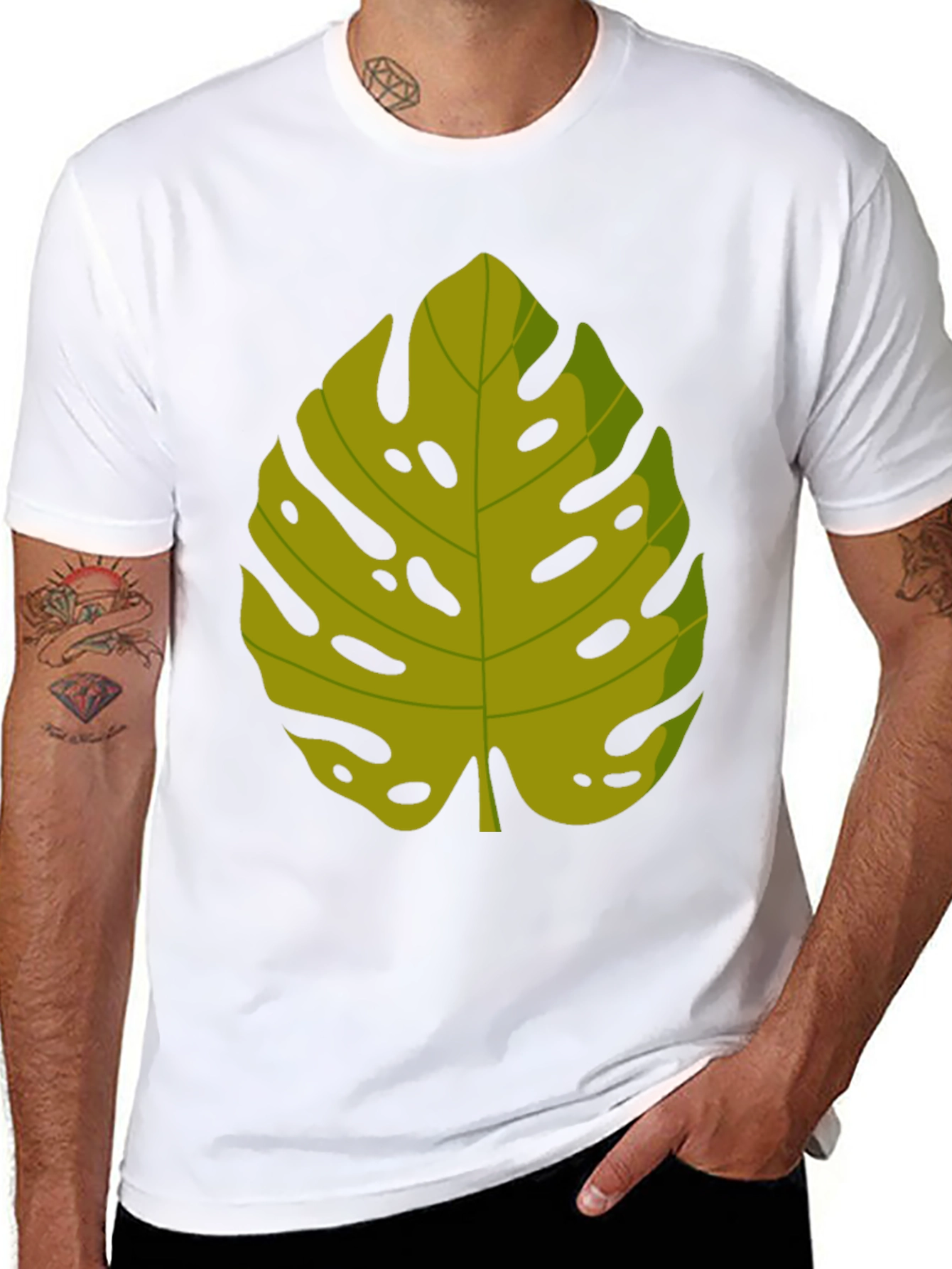 Tropical Monstera Leaf Graphic Tee - Black Cotton