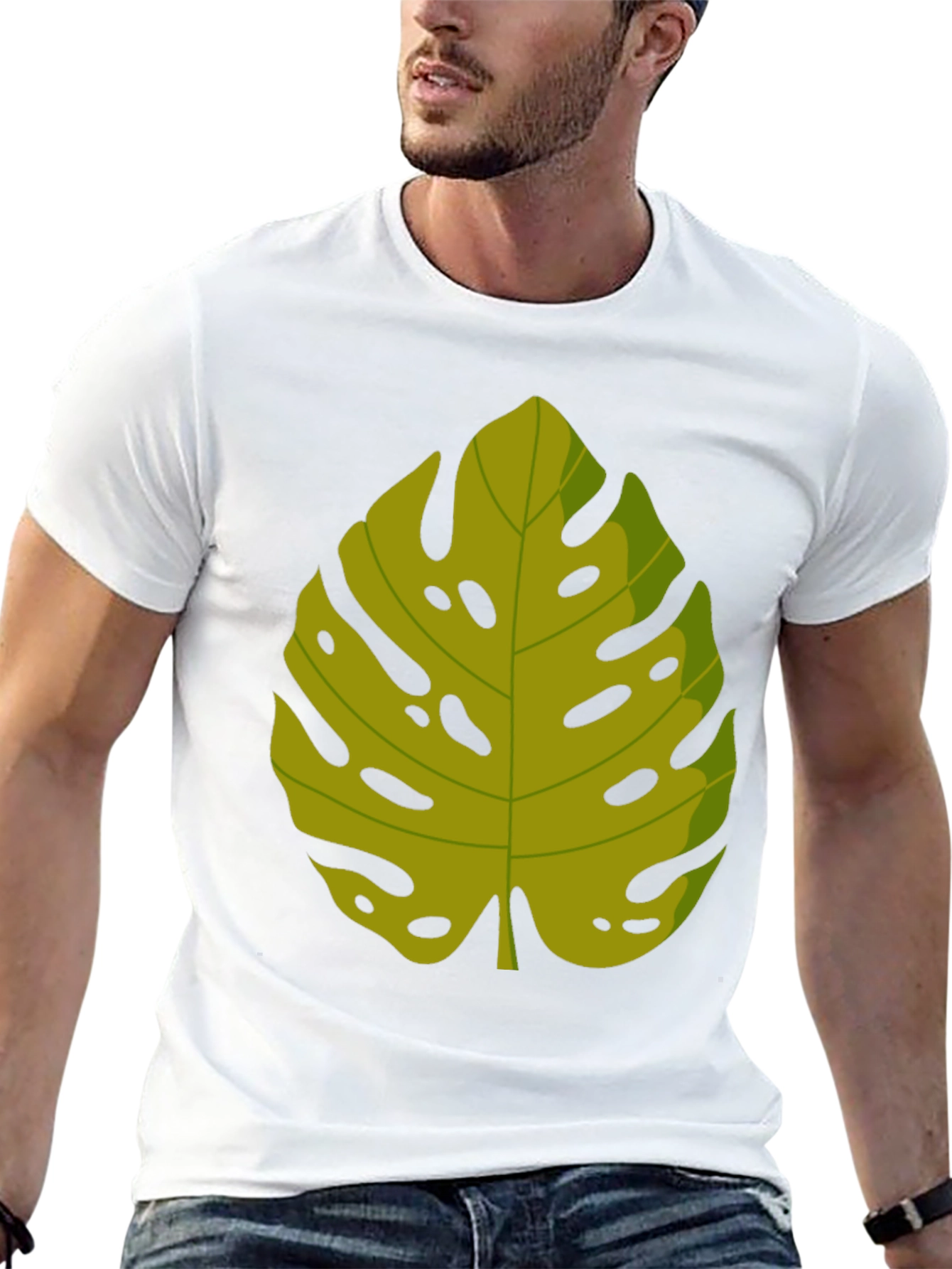 Tropical Monstera Leaf Graphic Tee - Black Cotton