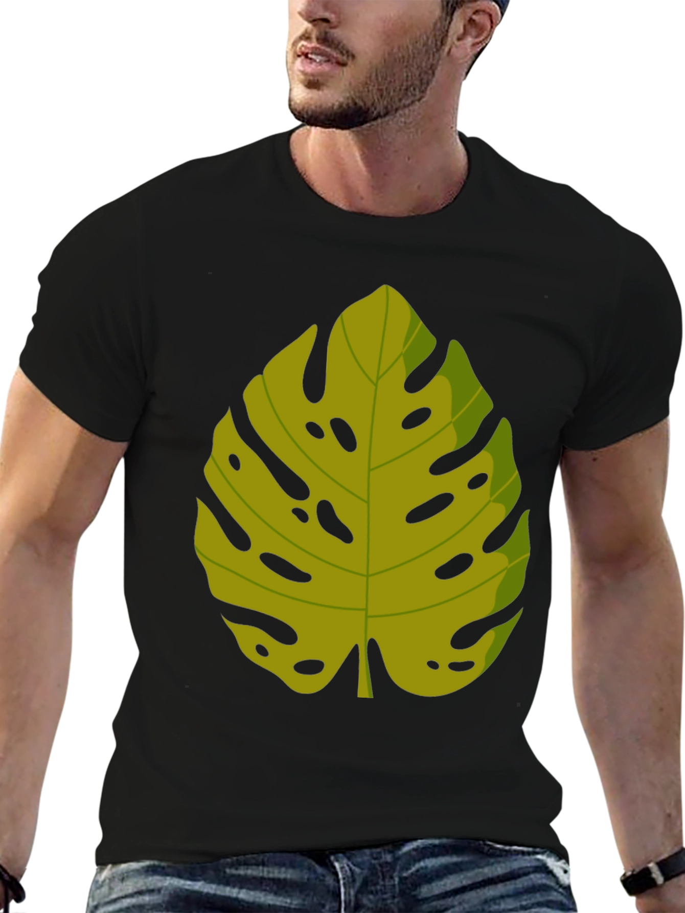 Tropical Monstera Leaf Graphic Tee - Black Cotton