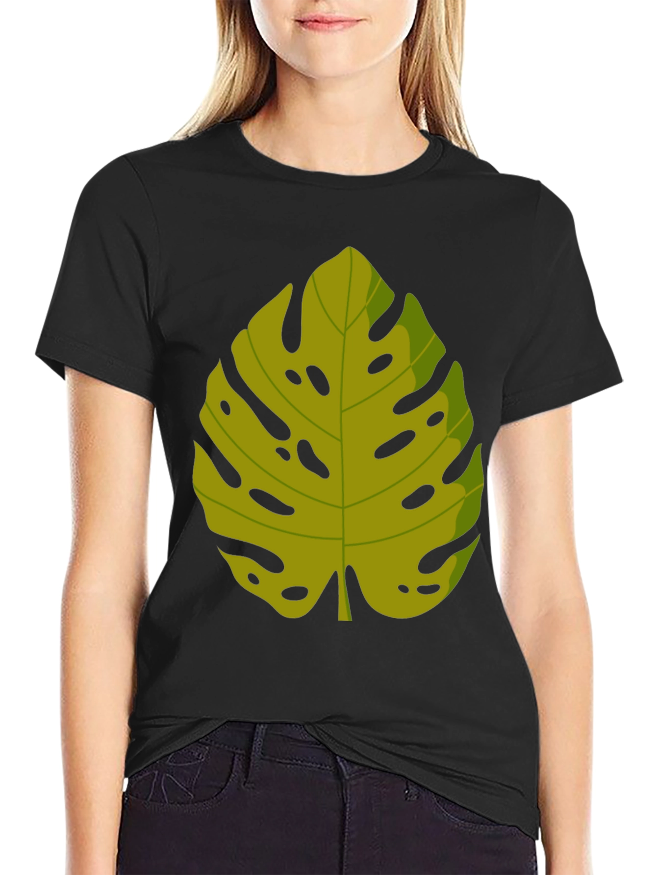Tropical Monstera Leaf Graphic Tee - Black Cotton