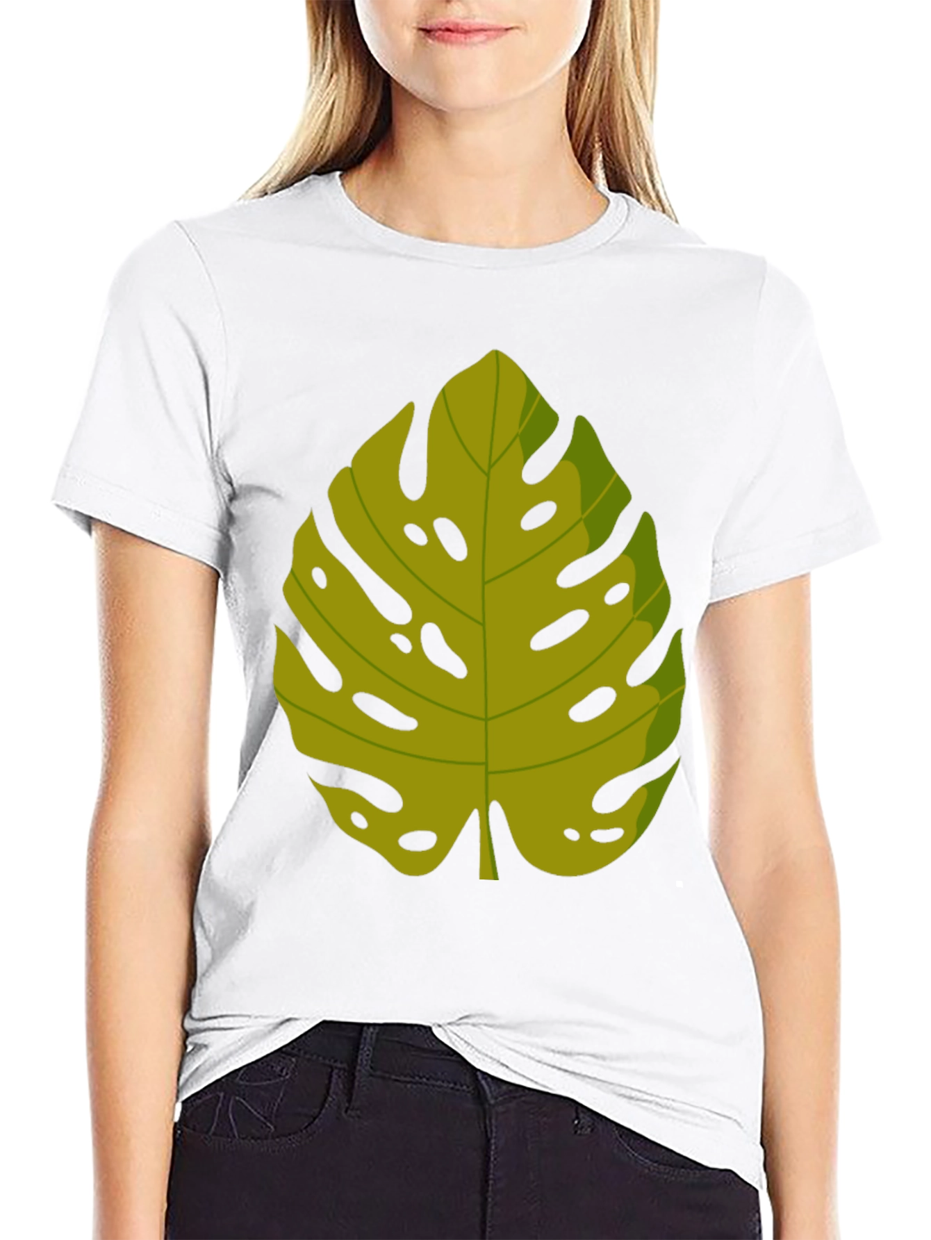 Tropical Monstera Leaf Graphic Tee - Black Cotton