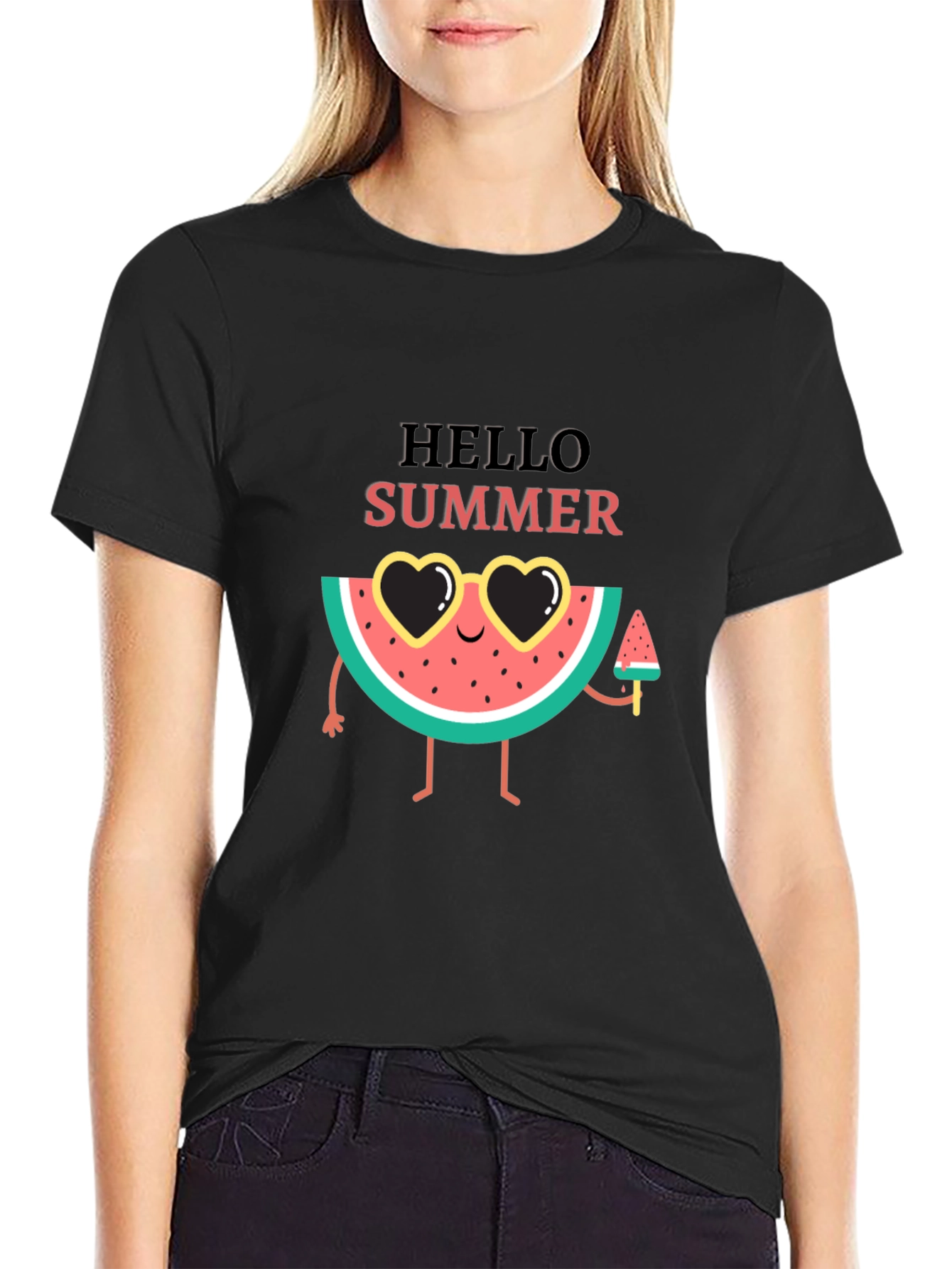 Hello Summer Watermelon Graphic Tee - Black