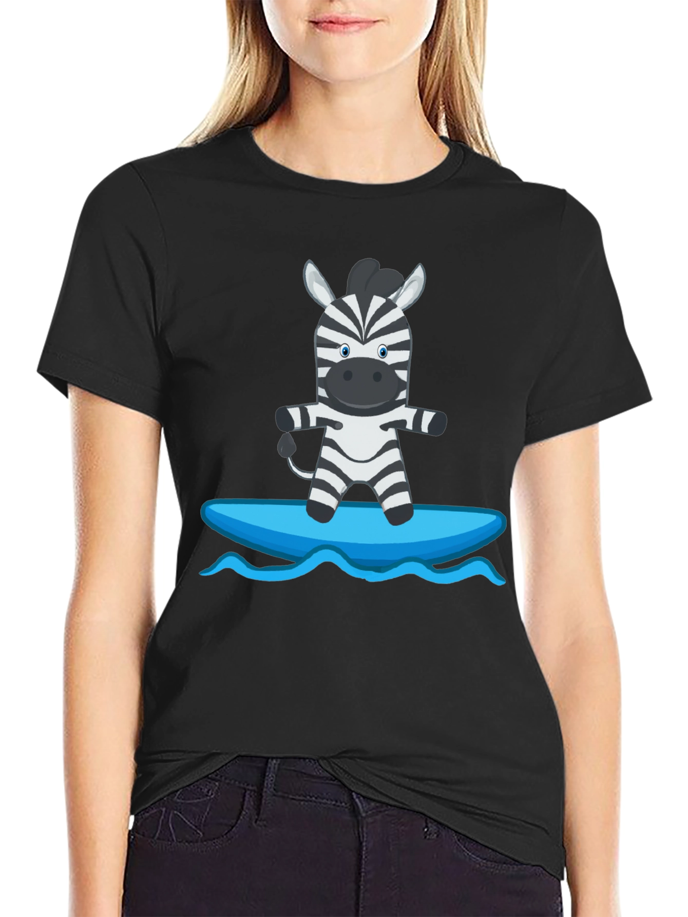 Zebra Surfing Graphic Tee - Black Cotton Casual T-Shirt