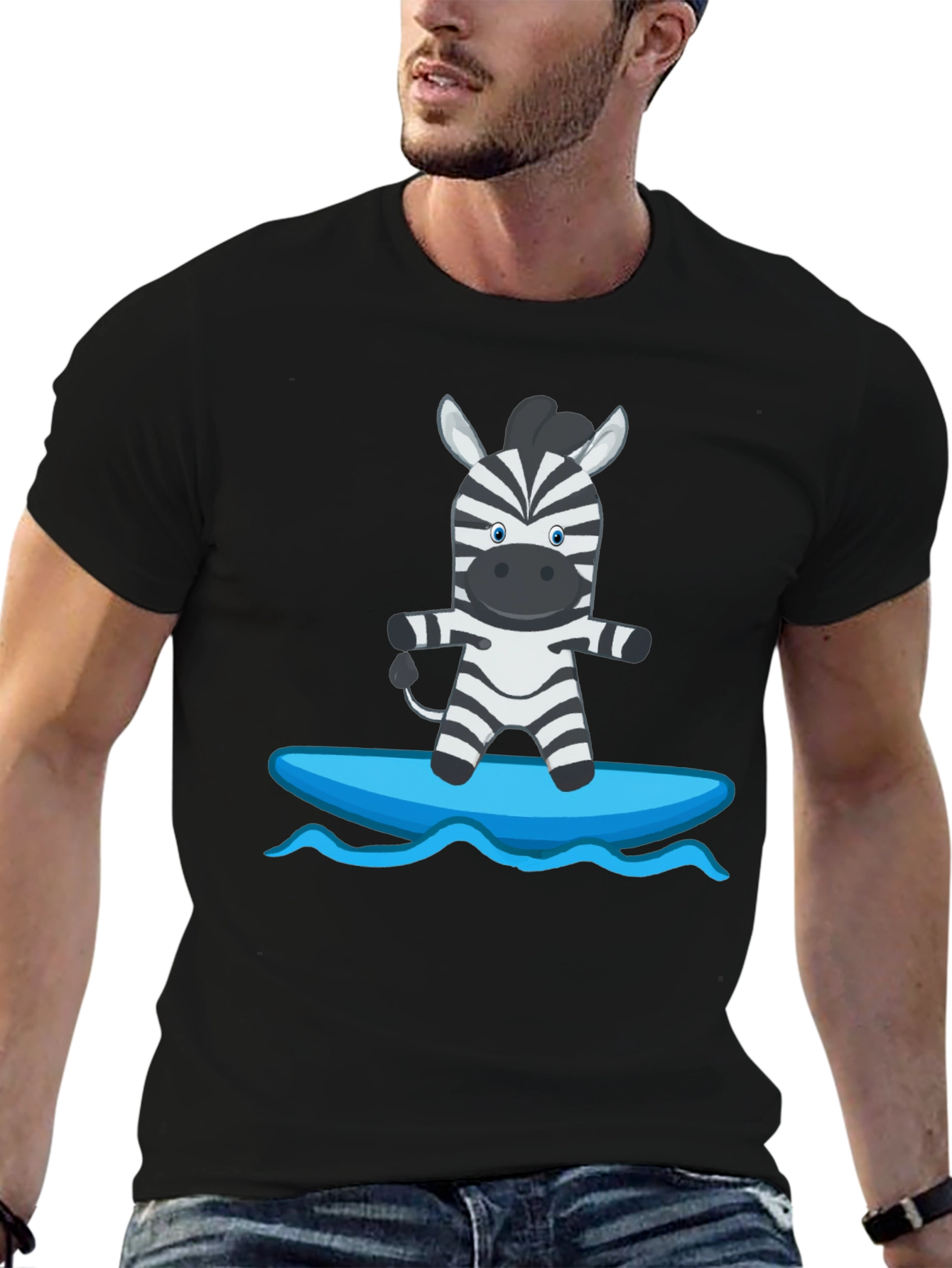 Zebra Surfing Graphic Tee - Black Cotton Casual T-Shirt
