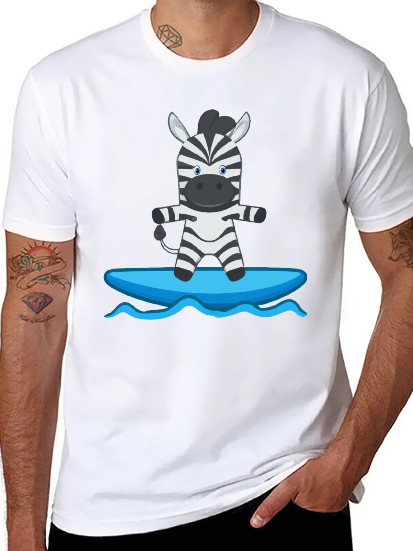 Zebra Surfing Graphic Tee - Black Cotton Casual T-Shirt
