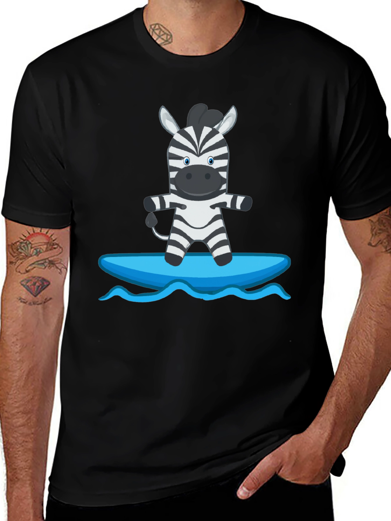 Zebra Surfing Graphic Tee - Black Cotton Casual T-Shirt