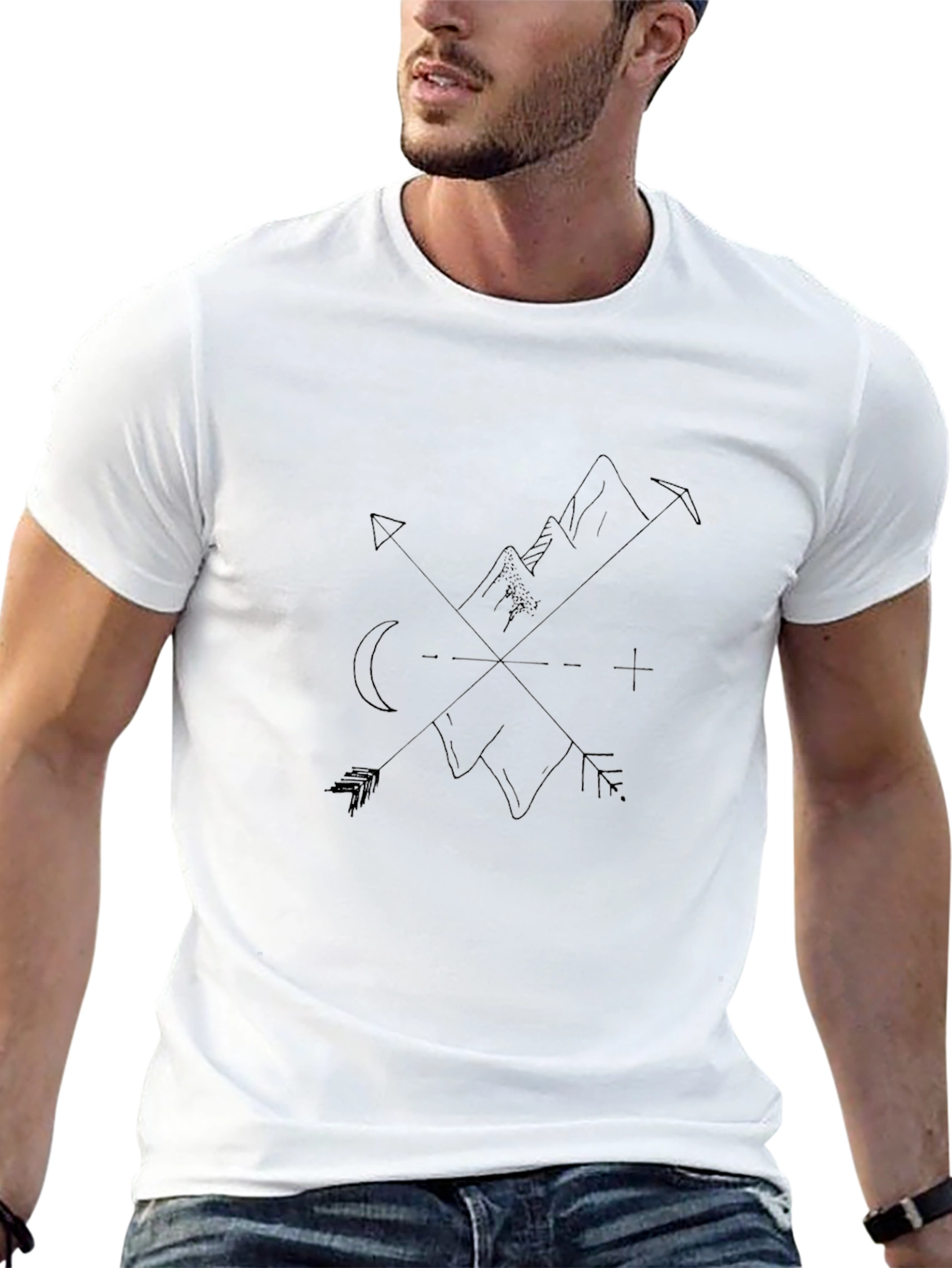 Mens Graphic T-Shirt: Mountain Compass Design Black