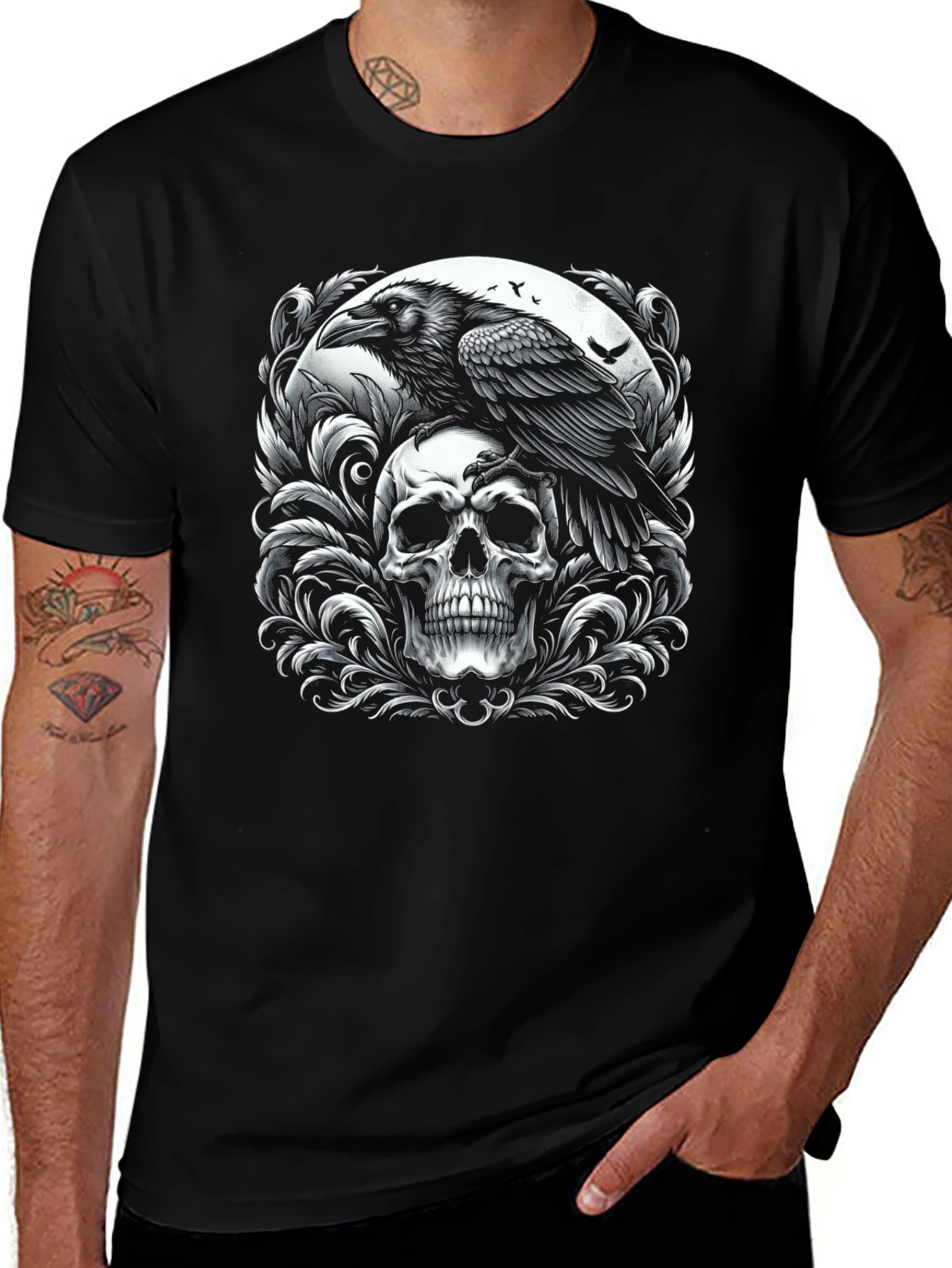 Raven Skull Graphic T-Shirt - Gothic Style