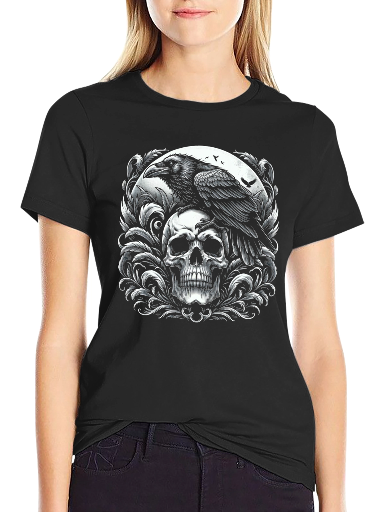 Raven Skull Graphic T-Shirt - Gothic Style