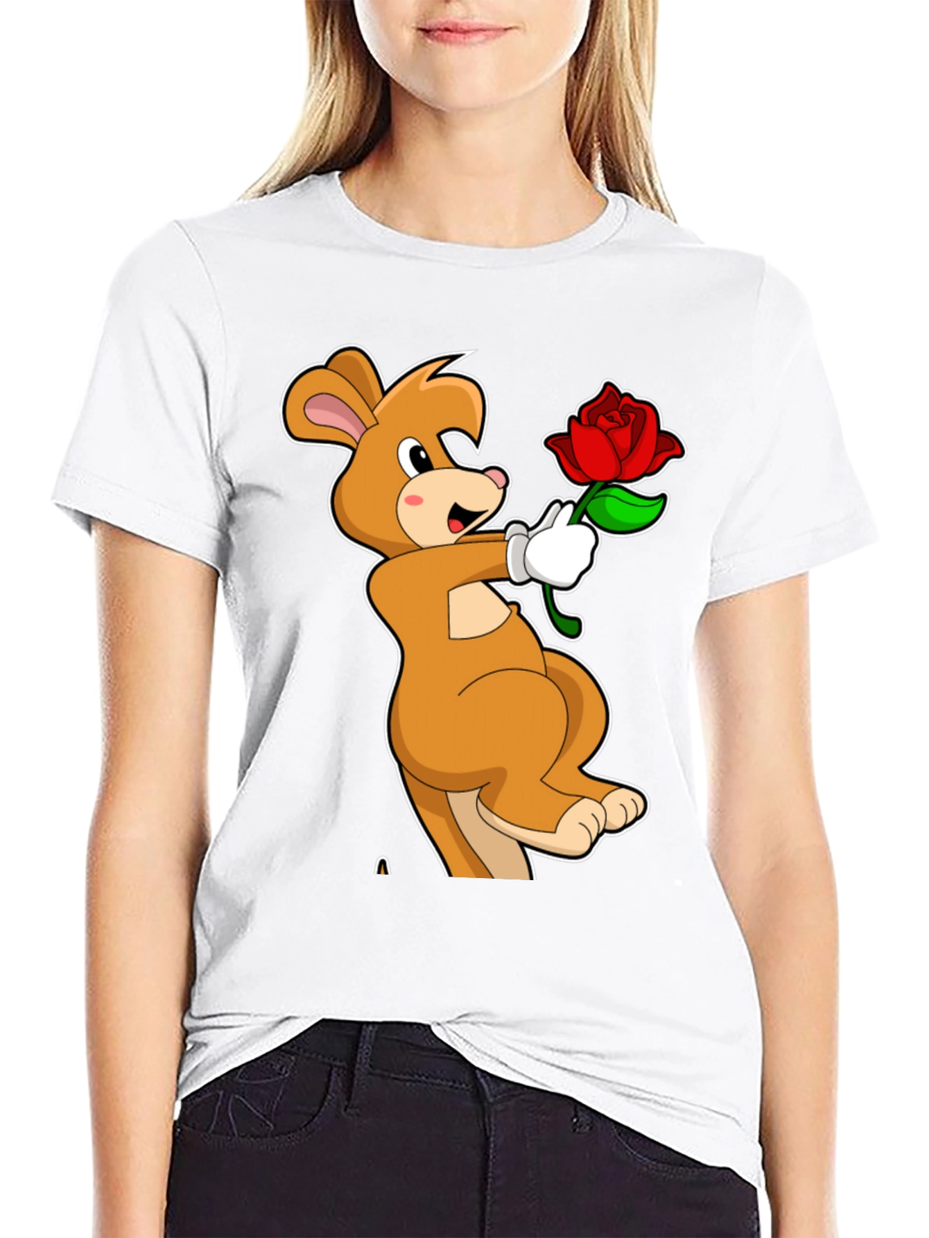 Cartoon Kangaroo Rose Graphic T-Shirt