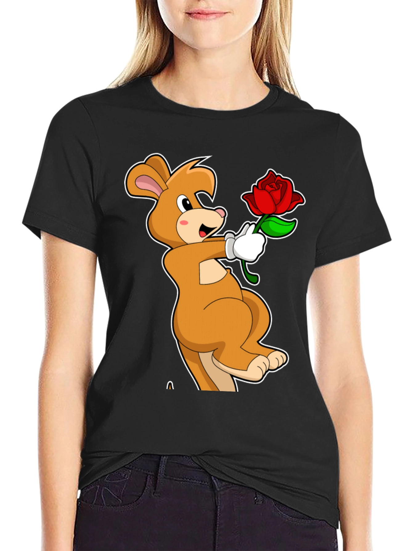 Cartoon Kangaroo Rose Graphic T-Shirt