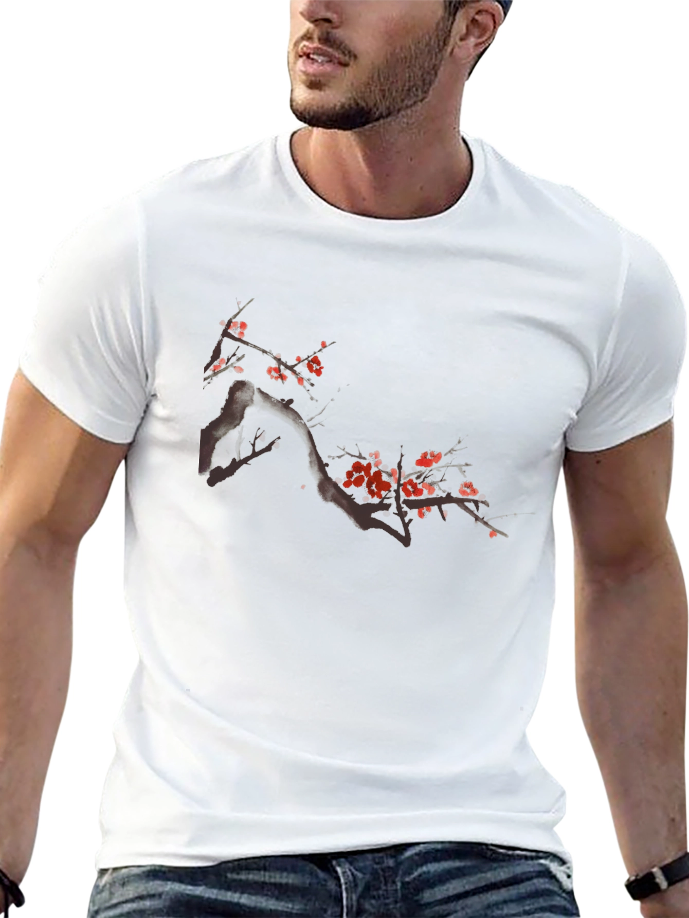 Black T-Shirt with Floral Cherry Blossom Design