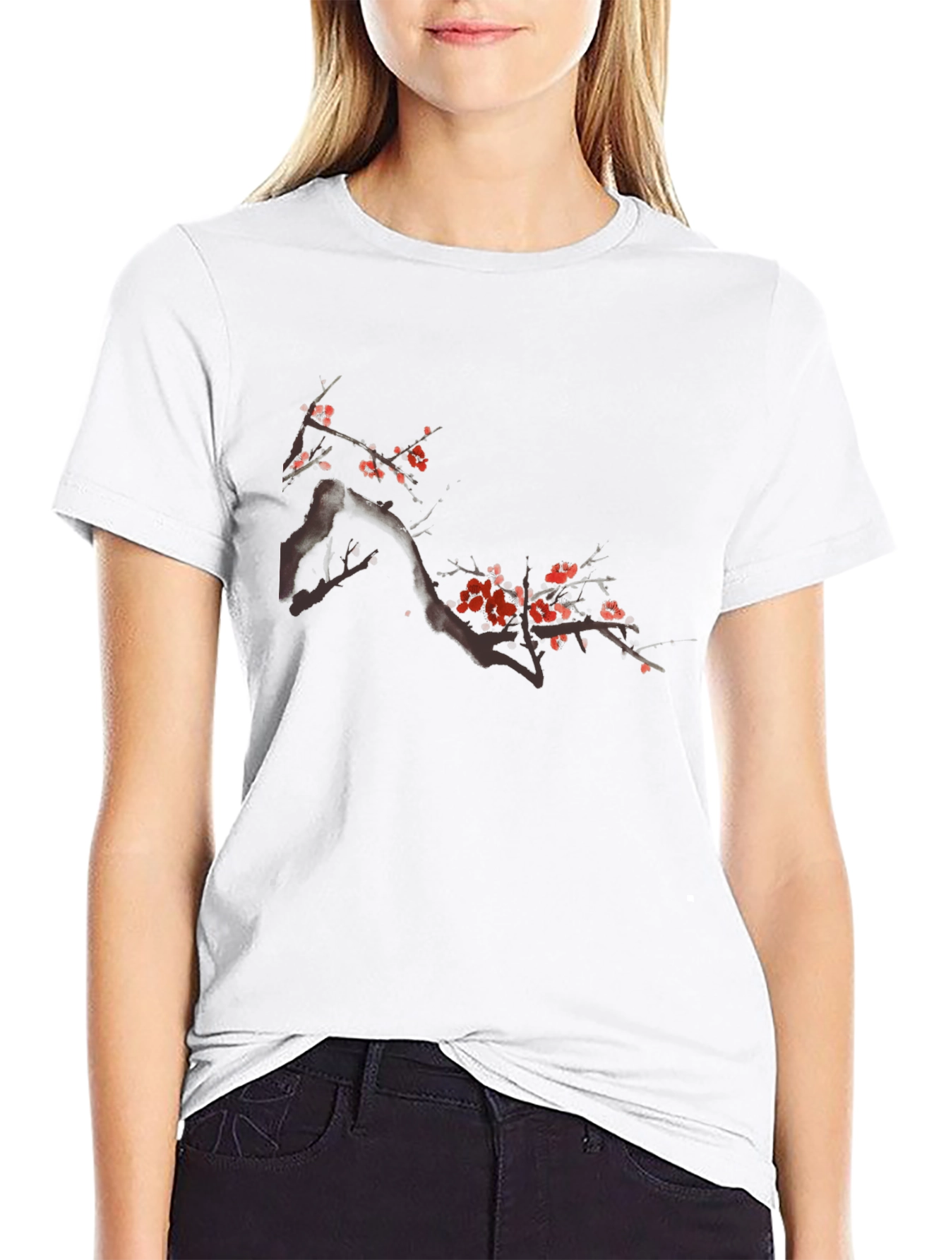 Black T-Shirt with Floral Cherry Blossom Design