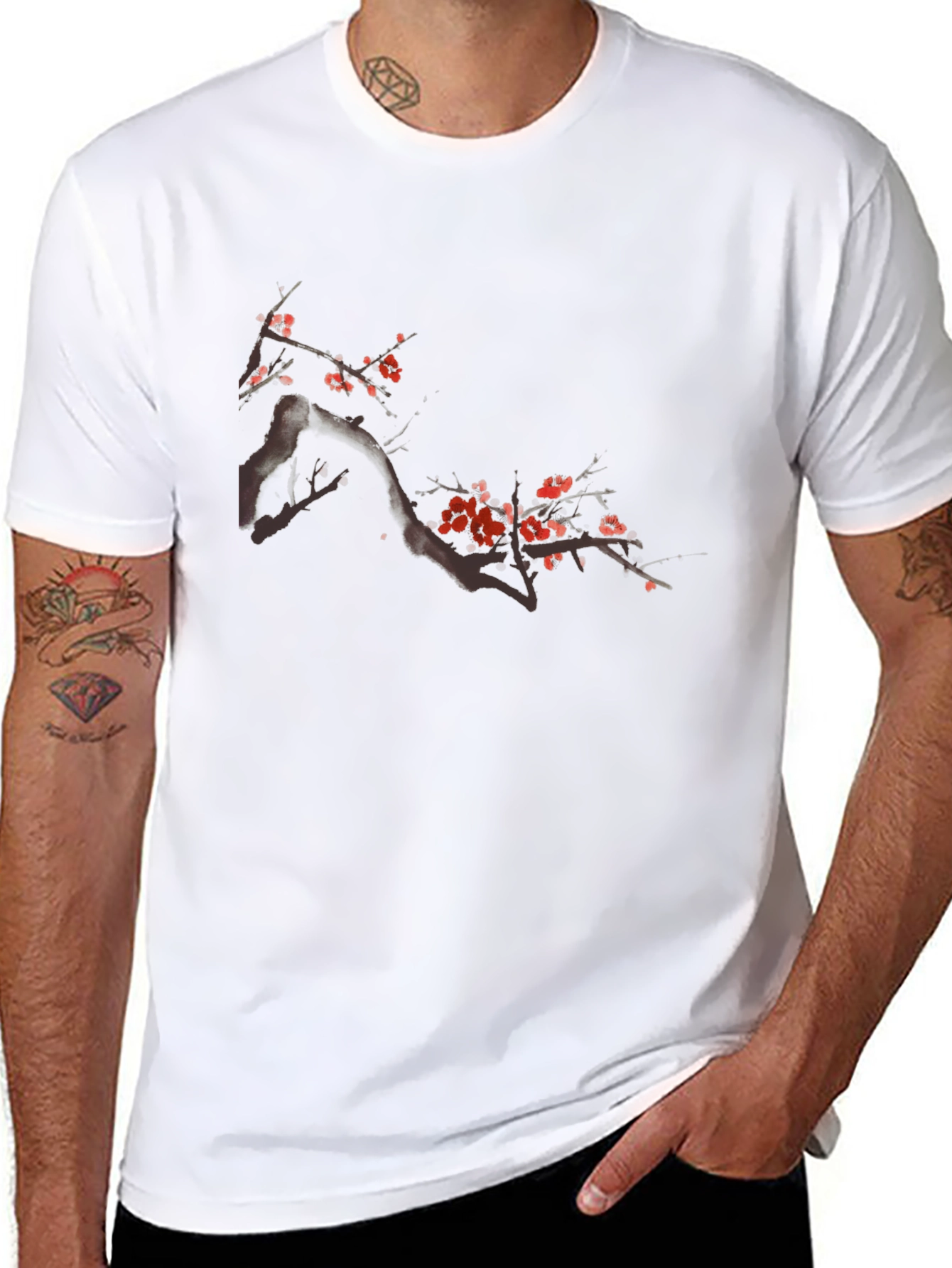 Black T-Shirt with Floral Cherry Blossom Design