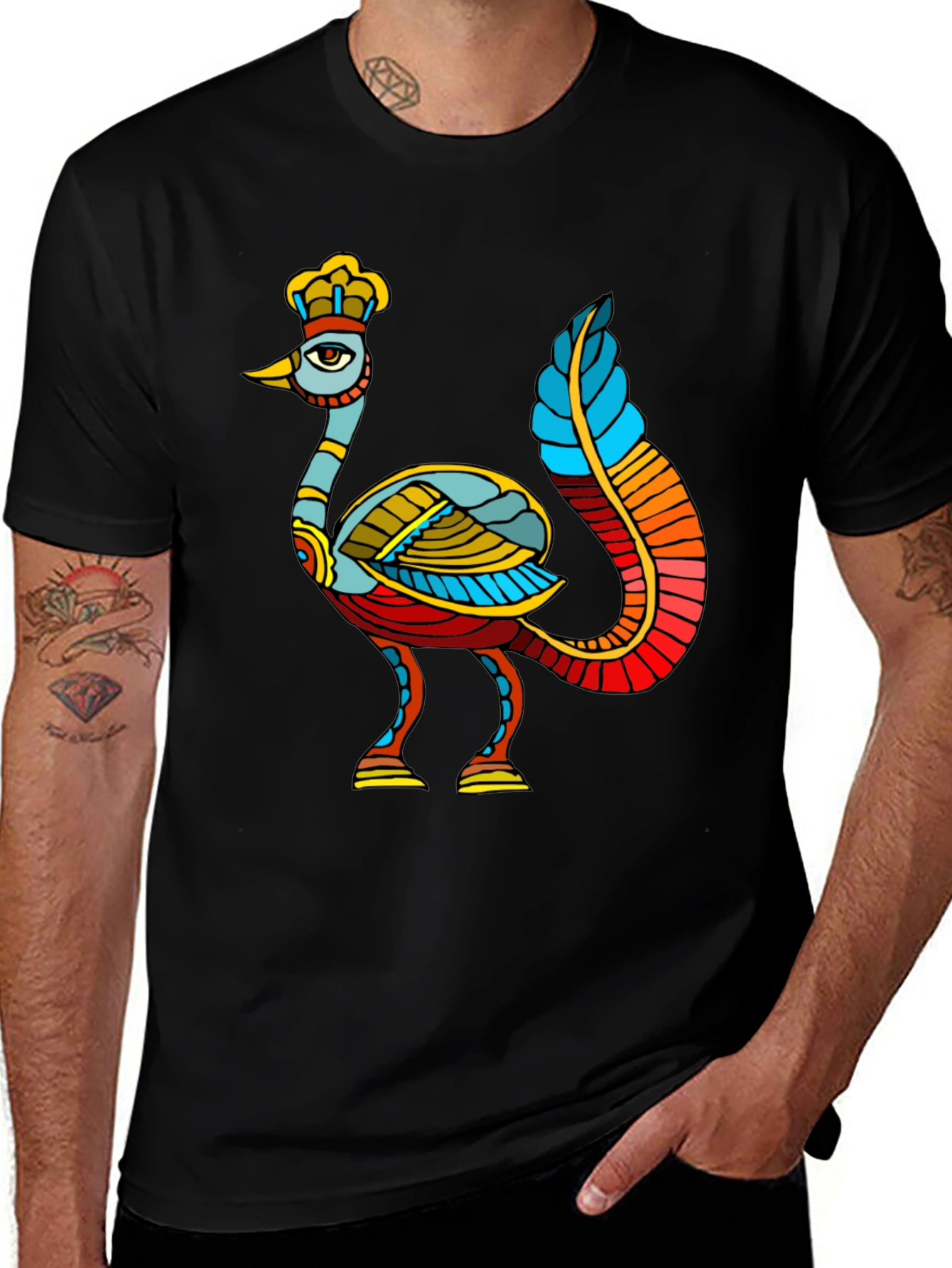 Unique Bird Design Black T-Shirt