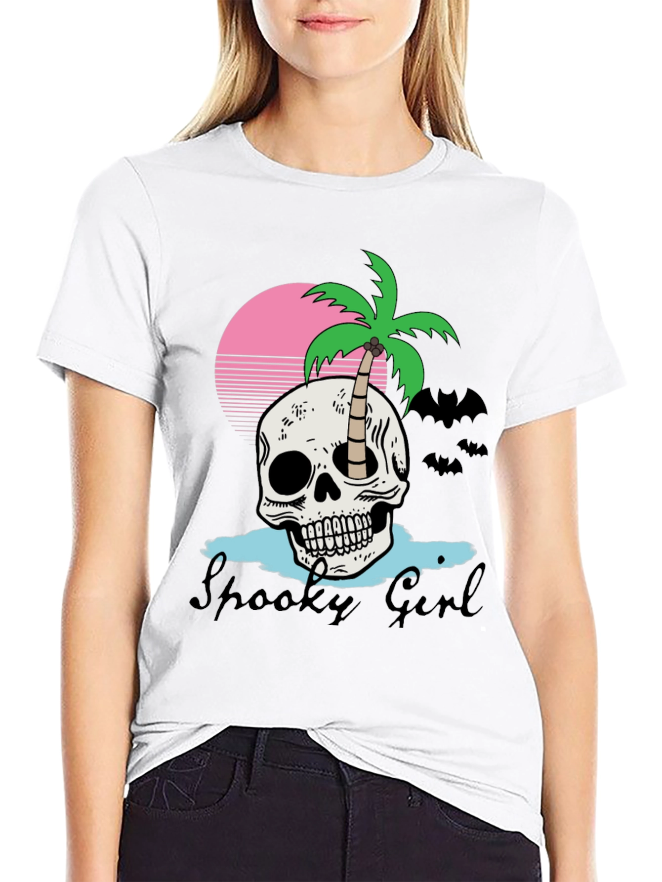 Spooky Girl Skull & Palm Tee - Halloween Style