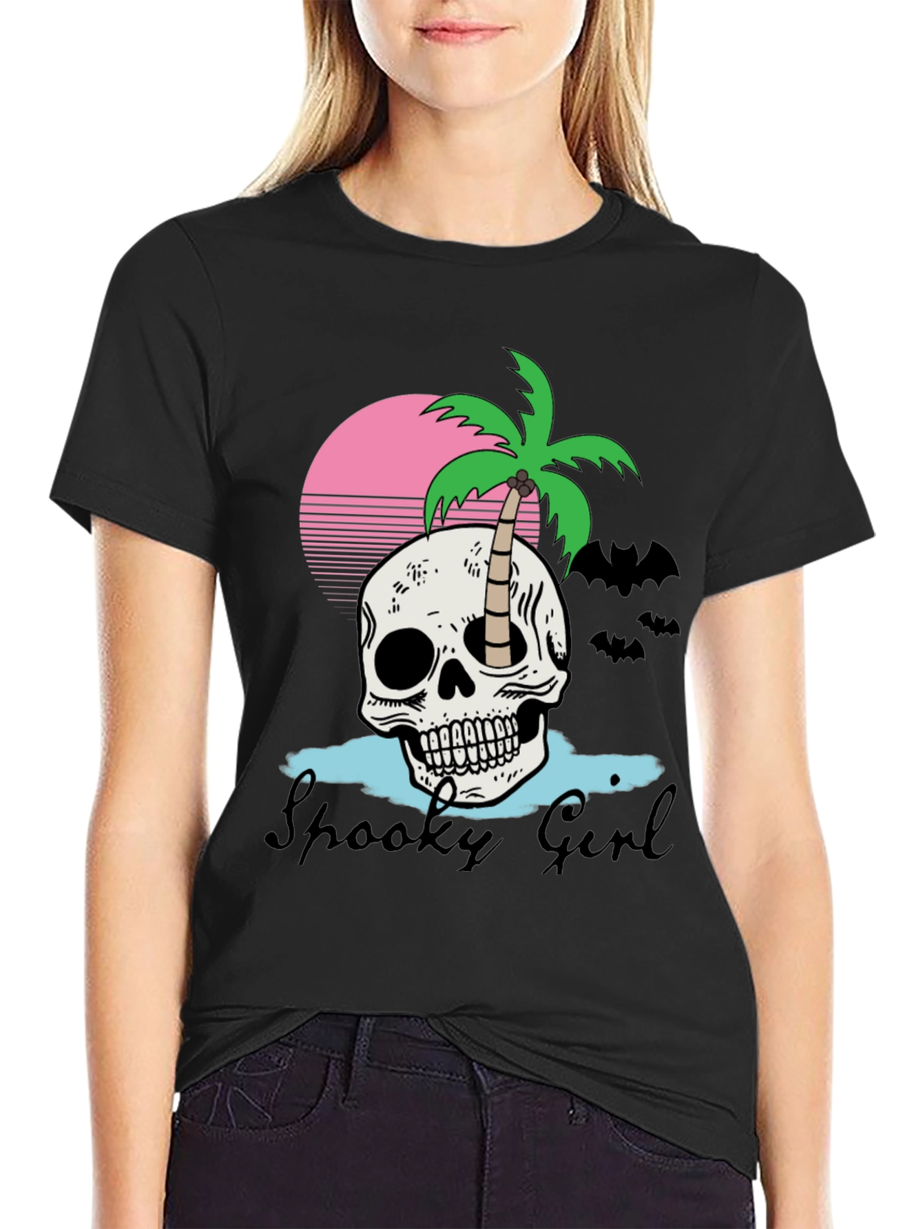 Spooky Girl Skull & Palm Tee - Halloween Style