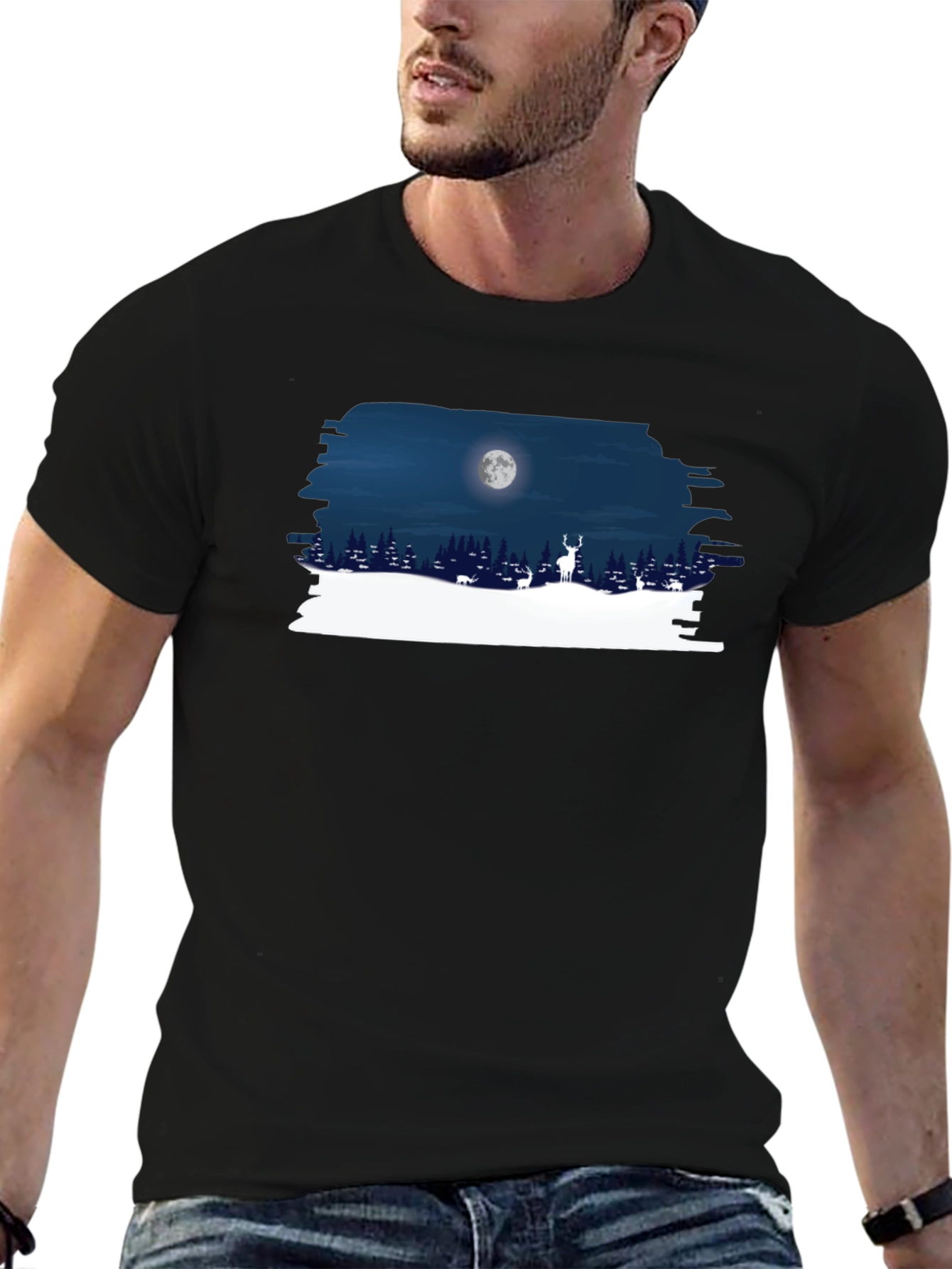 Moonlit Deer Graphic Tee - Black Cotton Shirt
