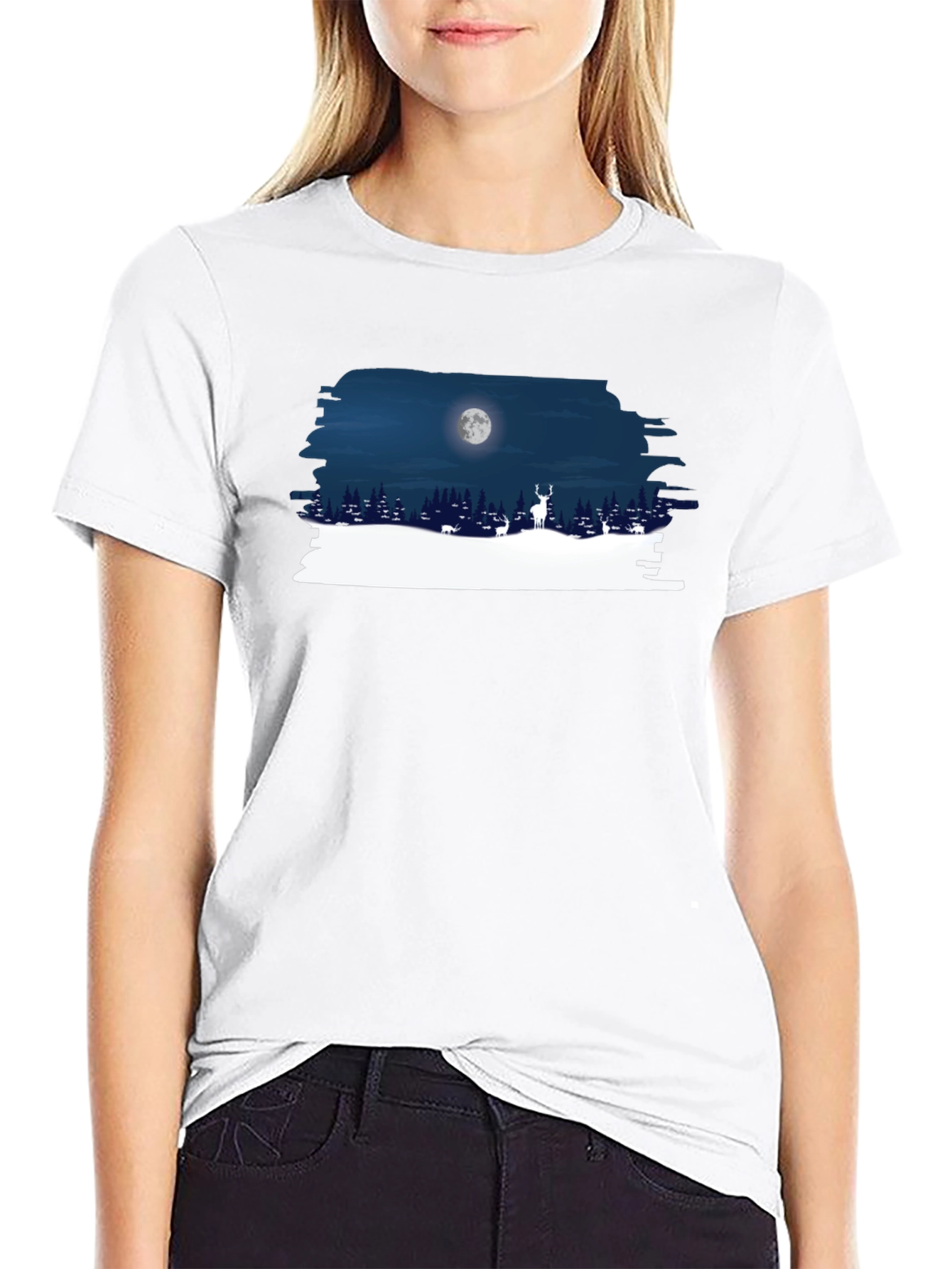 Moonlit Deer Graphic Tee - Black Cotton Shirt
