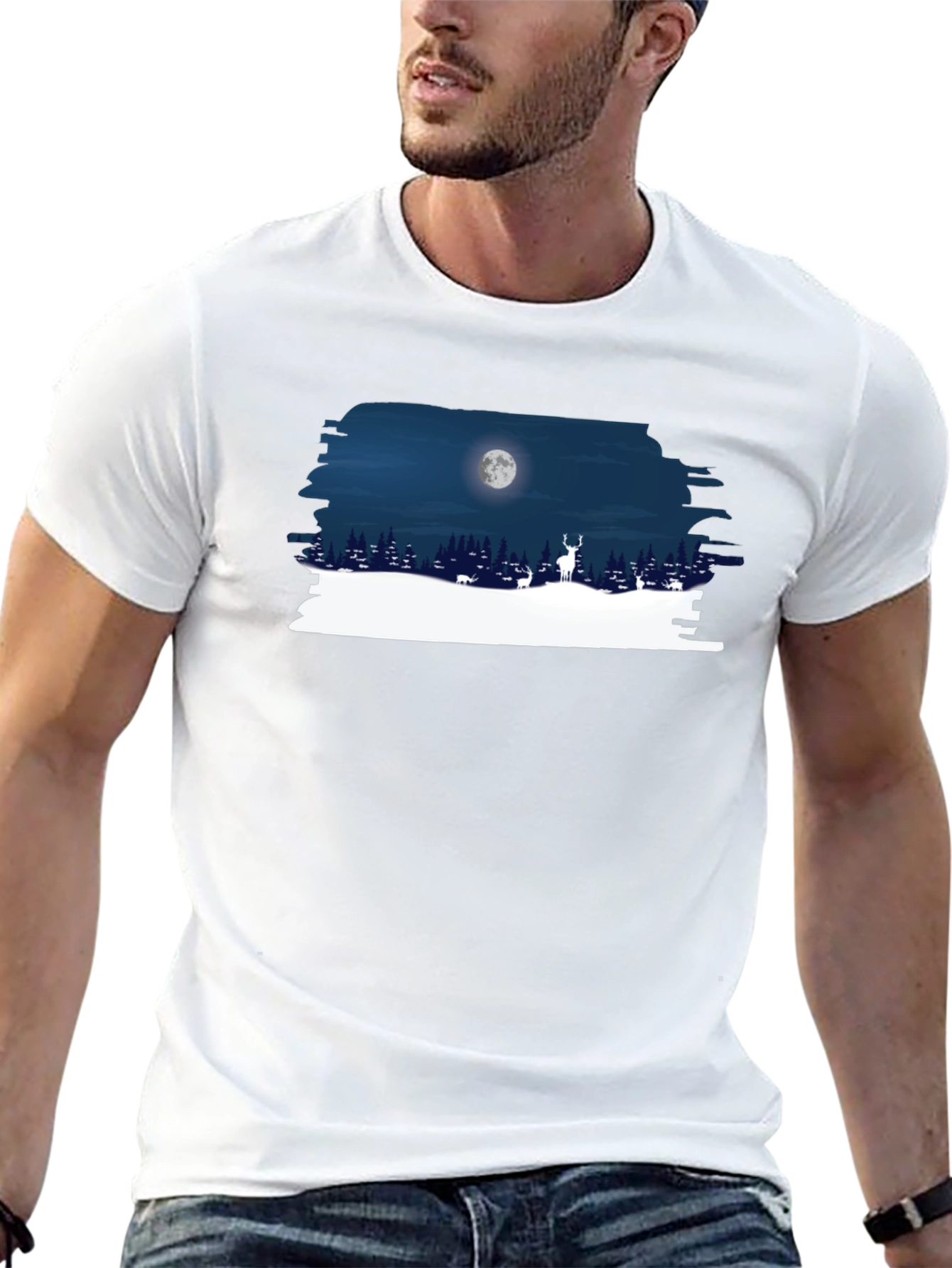 Moonlit Deer Graphic Tee - Black Cotton Shirt