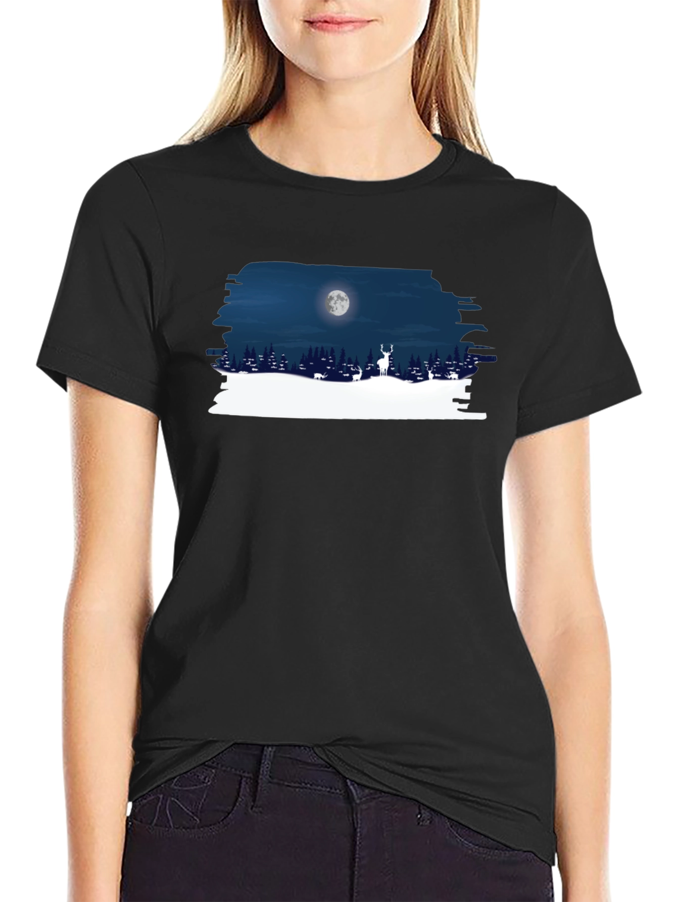 Moonlit Deer Graphic Tee - Black Cotton Shirt