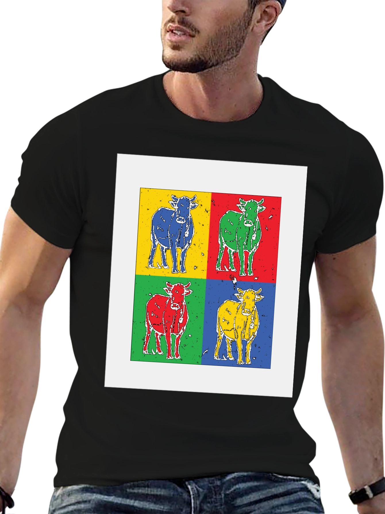 Pop Art Cow Tee - Black Cotton Graphic T-Shirt
