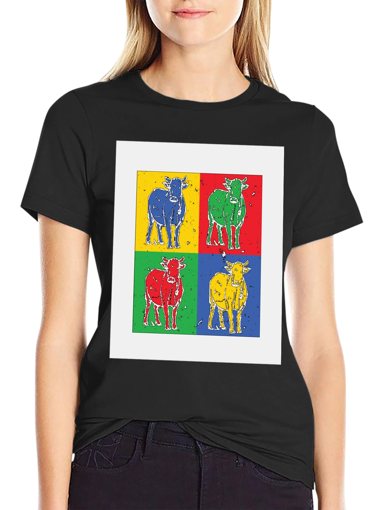 Pop Art Cow Tee - Black Cotton Graphic T-Shirt