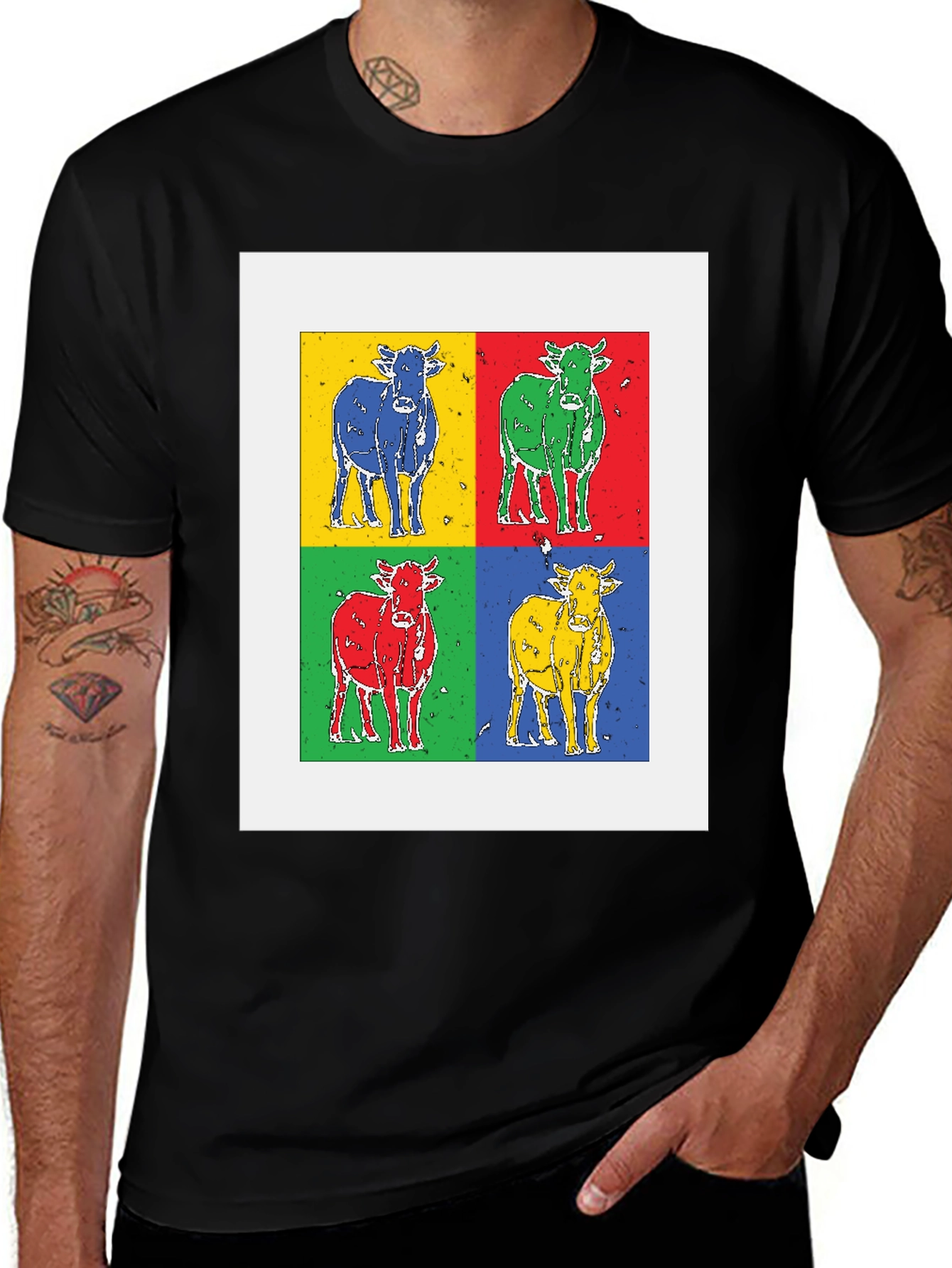Pop Art Cow Tee - Black Cotton Graphic T-Shirt