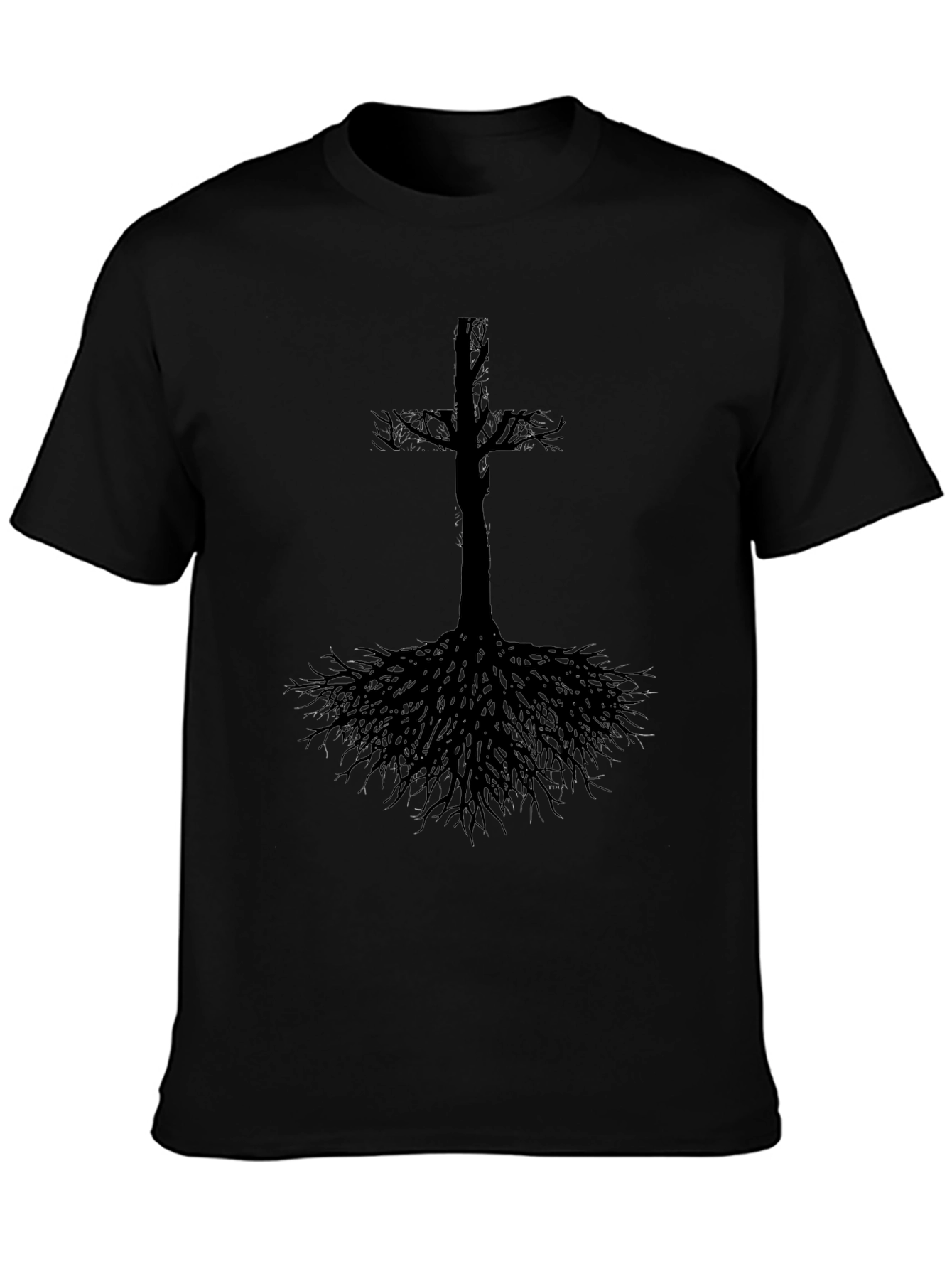 Cross Tree Roots Mens Black Graphic T-Shirt