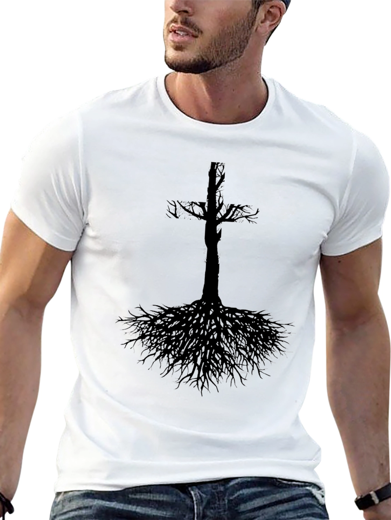 Cross Tree Roots Mens Black Graphic T-Shirt