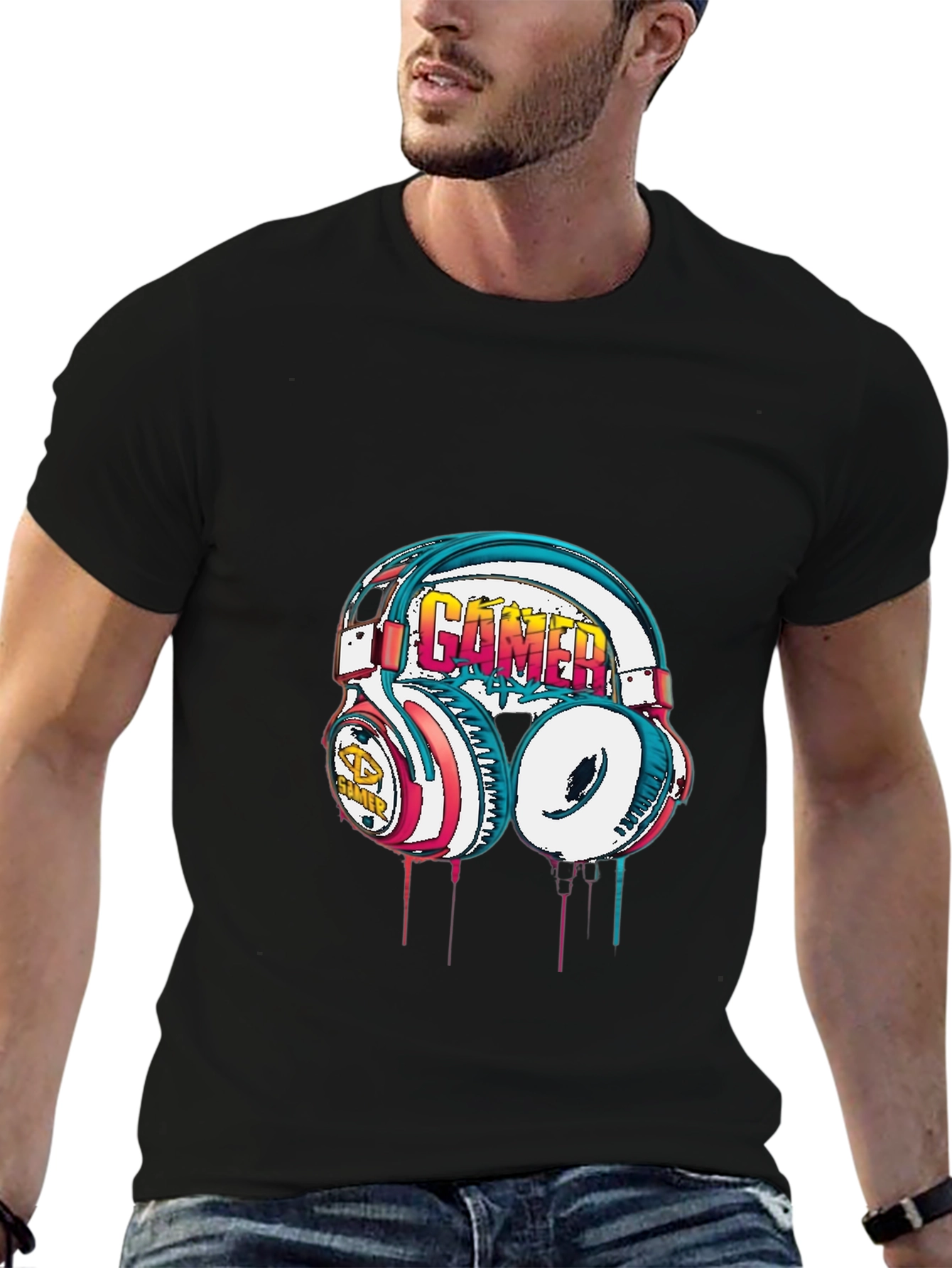 Gamer Headset Graphic Tee - Black Cotton Casual Shirt